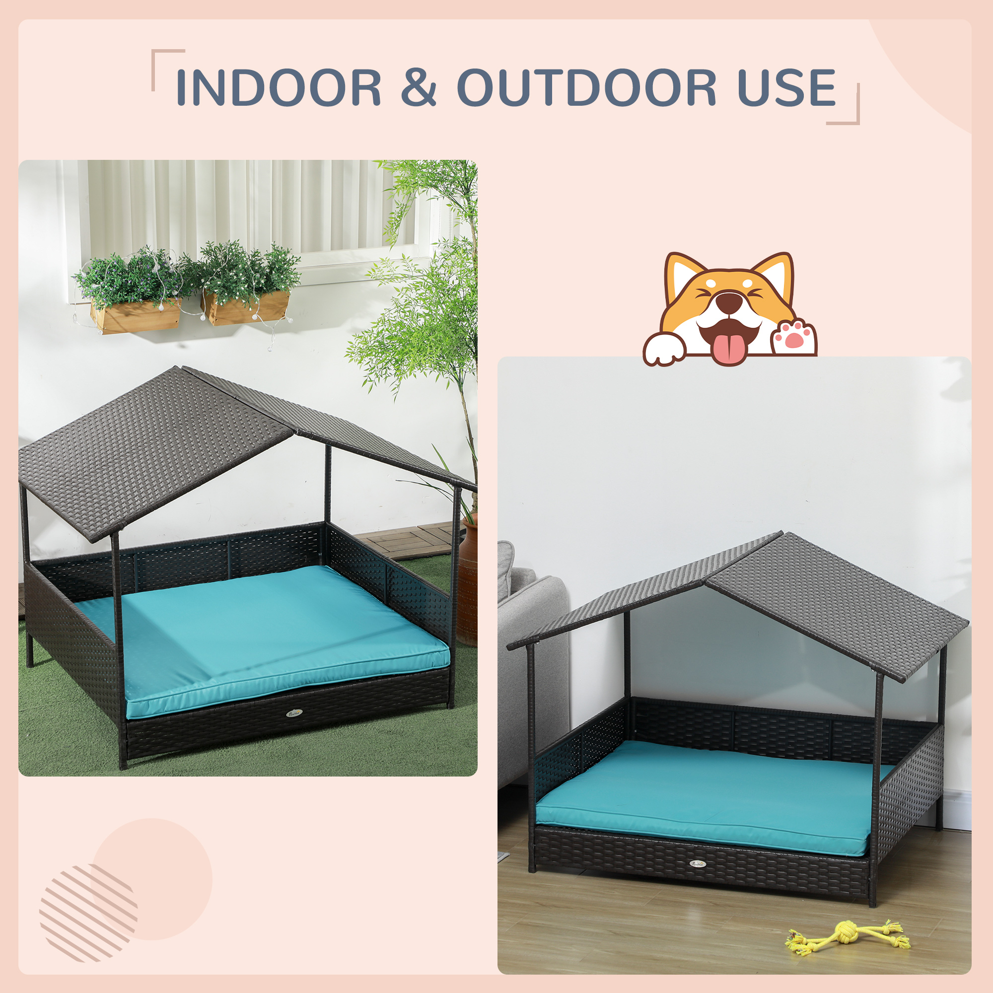 Rattan Dog House with Canopy, Wicker Dog Bed with Water-Resistant Cushion, for Small and Medium Breeds Blue