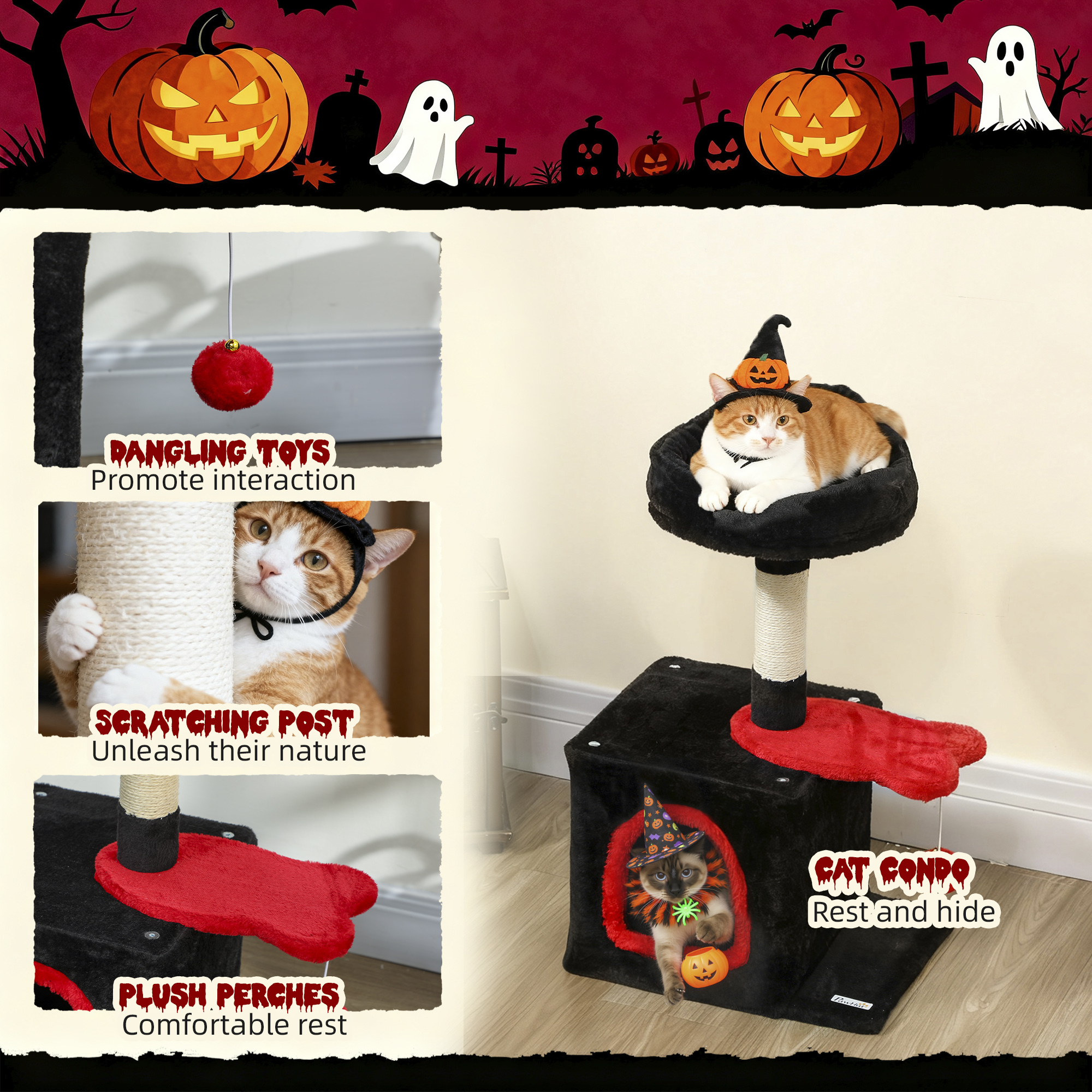28" Gothic Cat Tree Tower with Plush Top Bed, Cozy Condo, Sisal Scratching Post, Perch, Dangling Ball, Red & Black