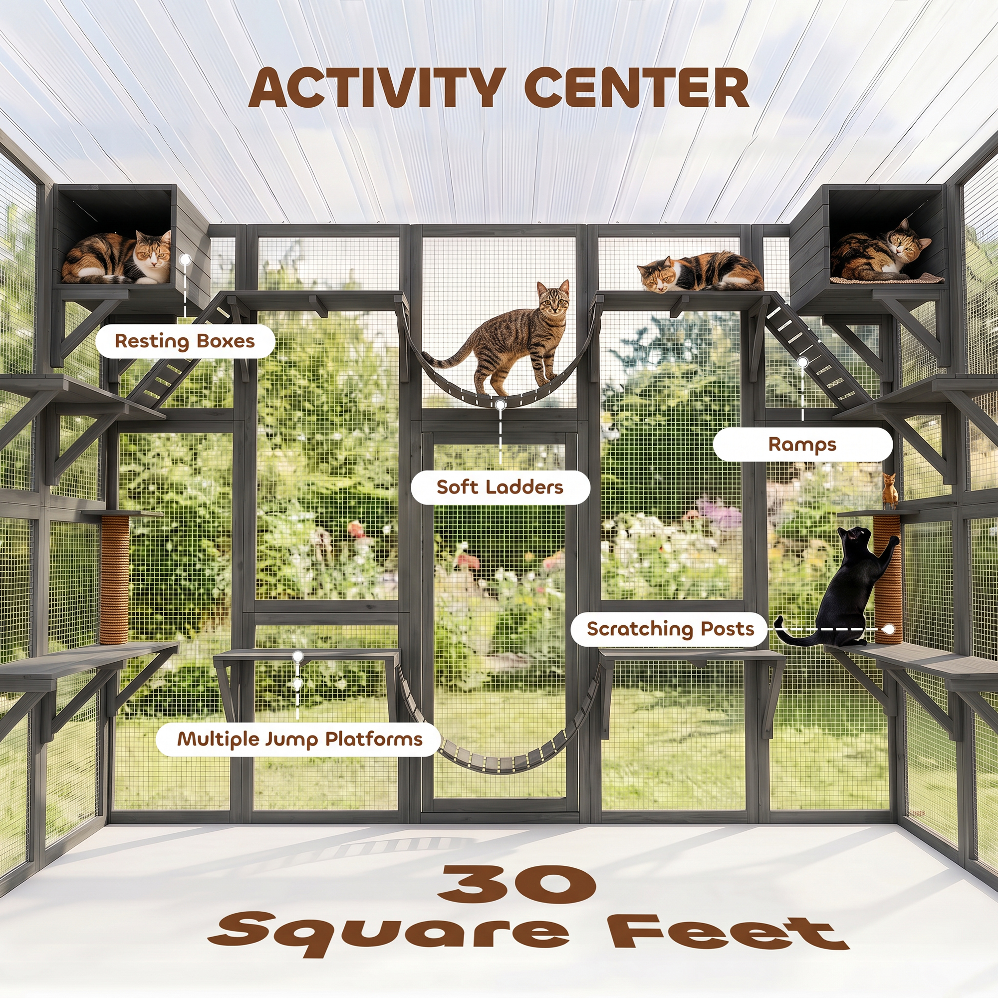 Large Outdoor Catio with Condos, Platforms, Doors, Ladders, Weather-Resistant Roof, Grey