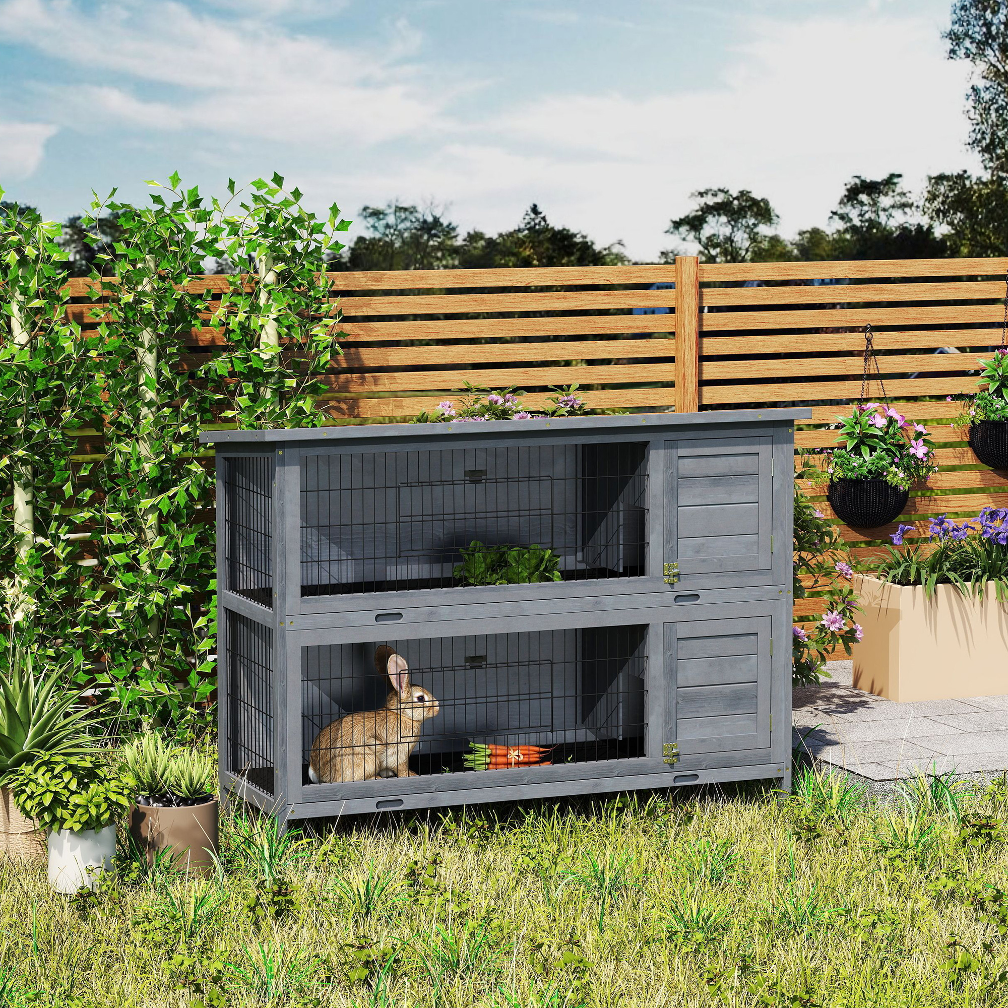 2 Tier Wooden Rabbit Hutch Bunny Pet House Wooden Coop Run, Grey - Image 8