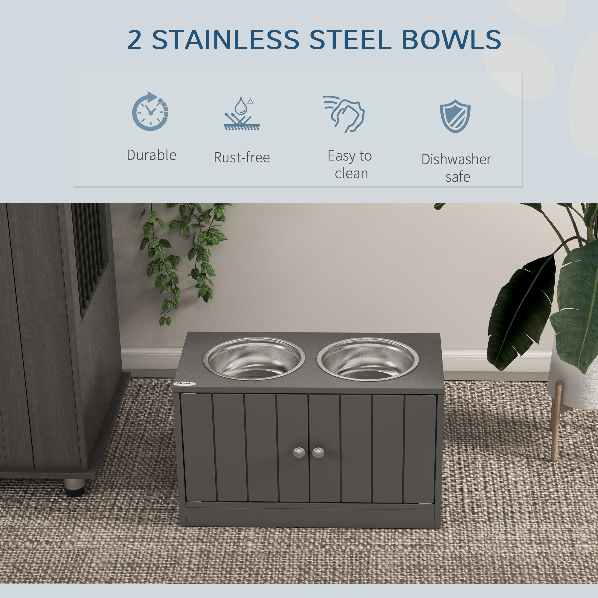 Elevated Dog Bowls for Large Dogs Pet Feeding Station with Stand, Storage, 2 Stainless Steel Food and Water Bowls, Grey