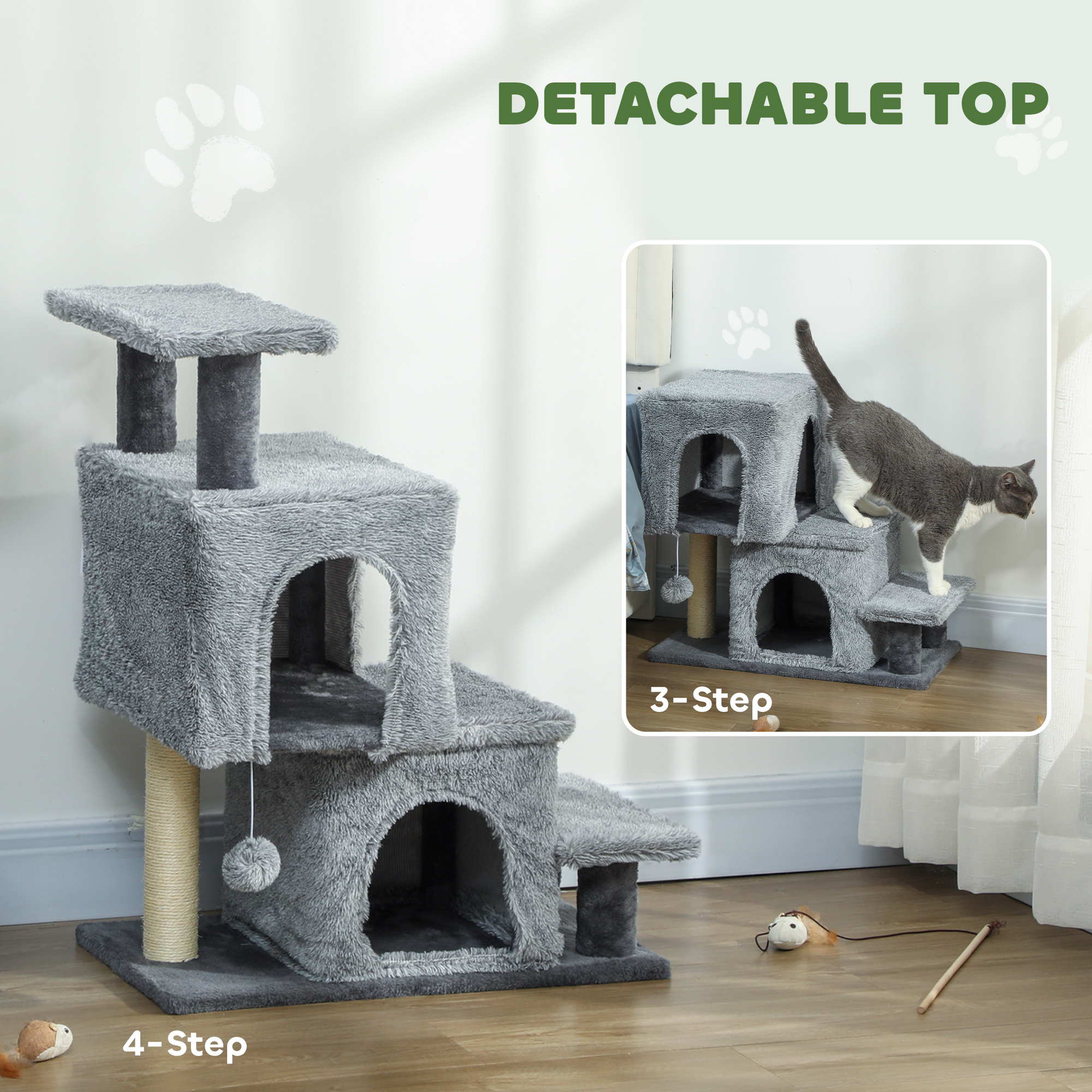 4-Step Pet Stairs, Adjustable Height Cat Stairs with Scratching Posts Cat Condo, Hanging Ball for High Bed, Grey