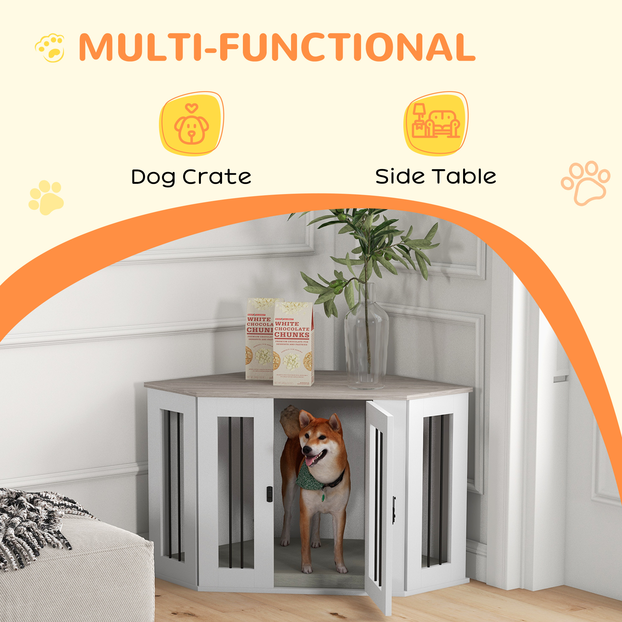 Dog Crate Furniture with Cushion, 41 Inch Corner Design Dog Crate End Table for Medium Dogs, Multi Colour - Image 4