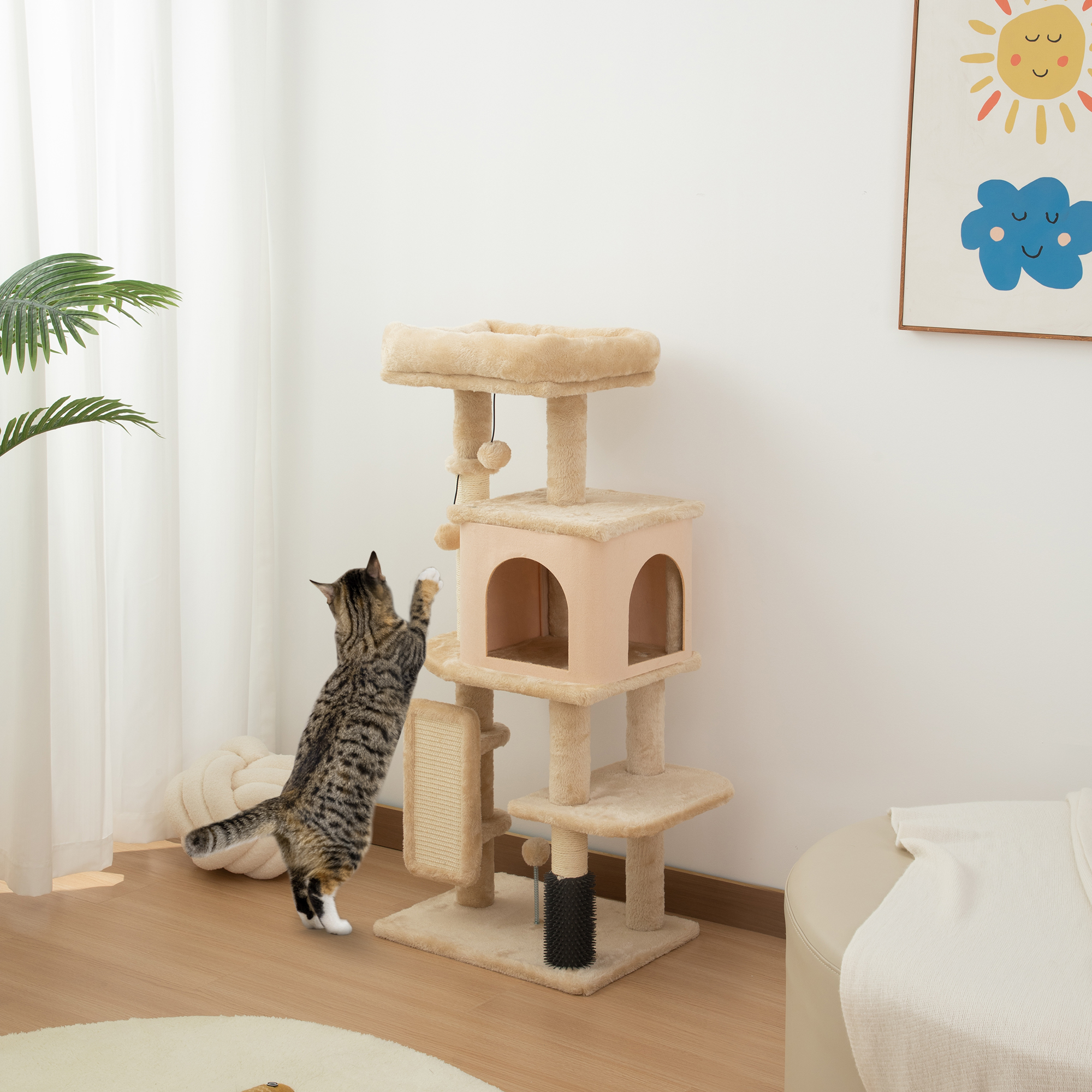 41 Inch Cat Tree with Scratching Posts, Cat Bed, Condo, Grooming Brush, Jumping Platforms, Toy Balls, Anti-tip Kit - Image 8
