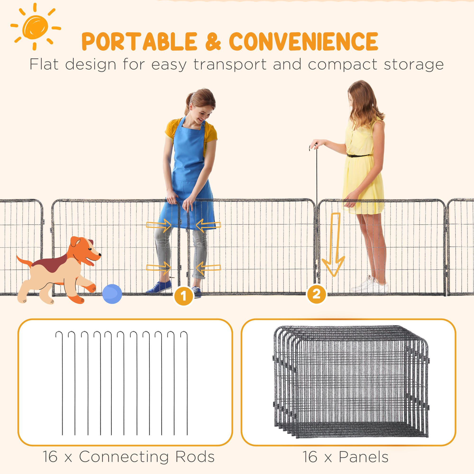 Heavy Duty Dog Playpen, 16 Panels Pet Playpen Dog Fence, Portable Puppy Exercise Pen, with 2 Doors Locking Latch, Outdoor or Indoor Use 23.5" Height