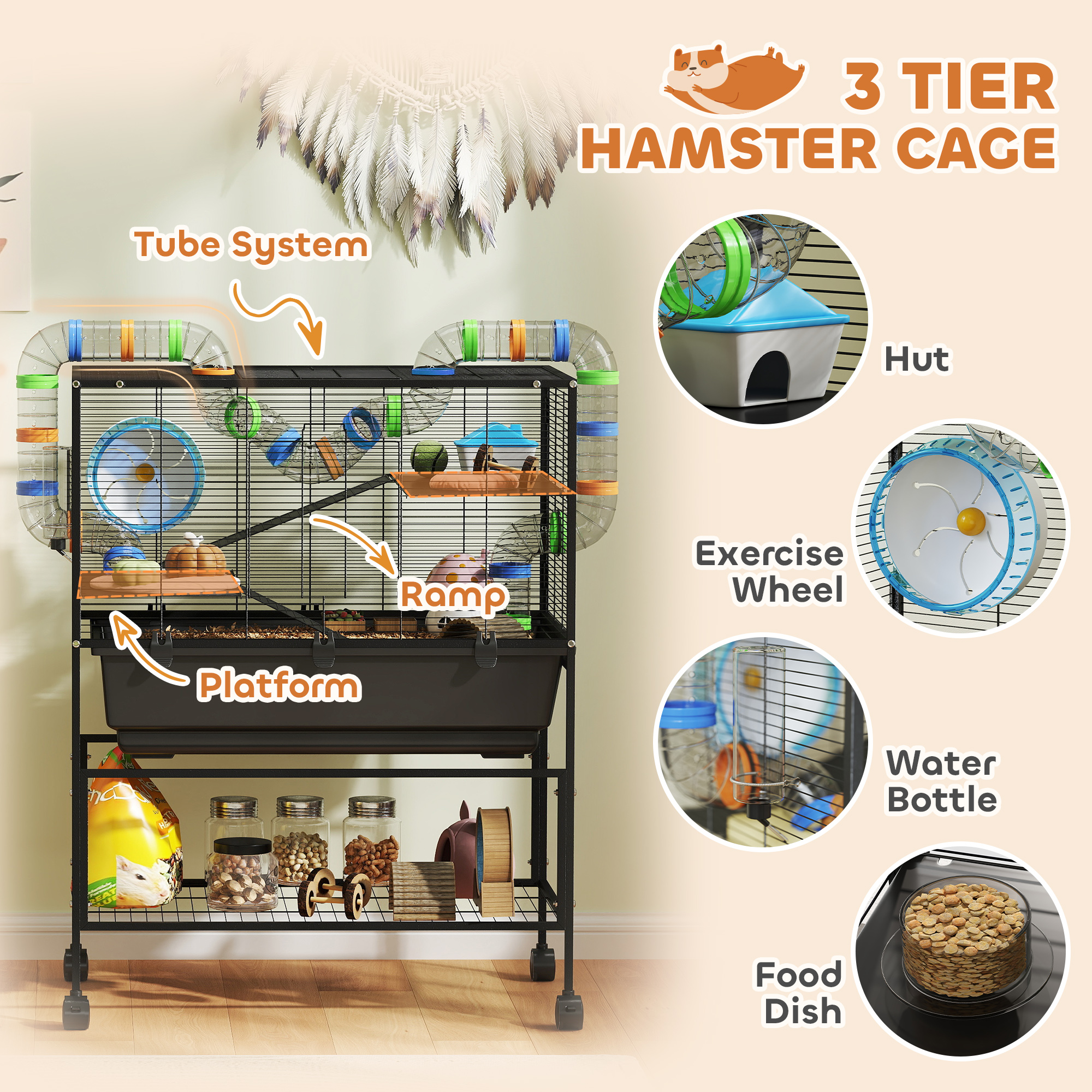3 Tier Rolling Hamster Cage with 7" Deep Tray, Storage Shelf, Big Exercise Wheel, Tube System, for Syrian, Gerbil, Rat