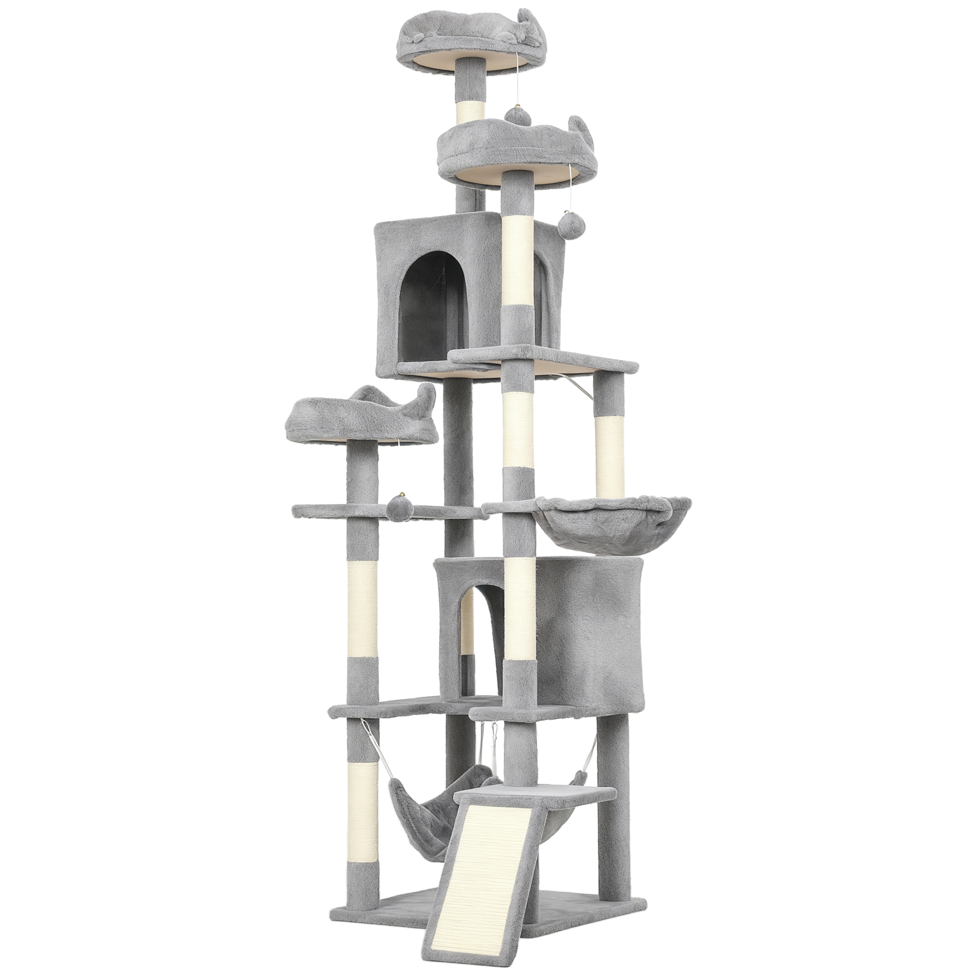 76" Large Cat Tree for Indoor Cats with 8 Scratching Posts, 3 Plush Beds, 2 Hammocks, 2 Large Condos, Ramp, Light Grey