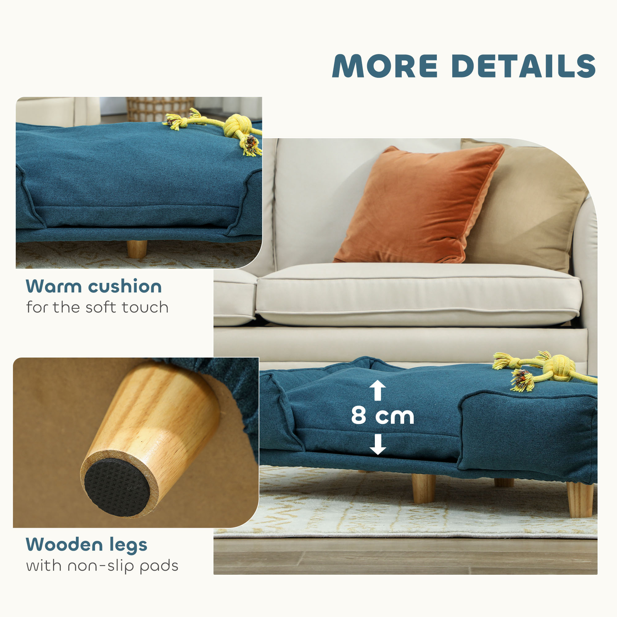Washable Dog Sofa for Large Dogs, Elevated Pet Couch with Anti-slip Foot Pads, Dark Blue