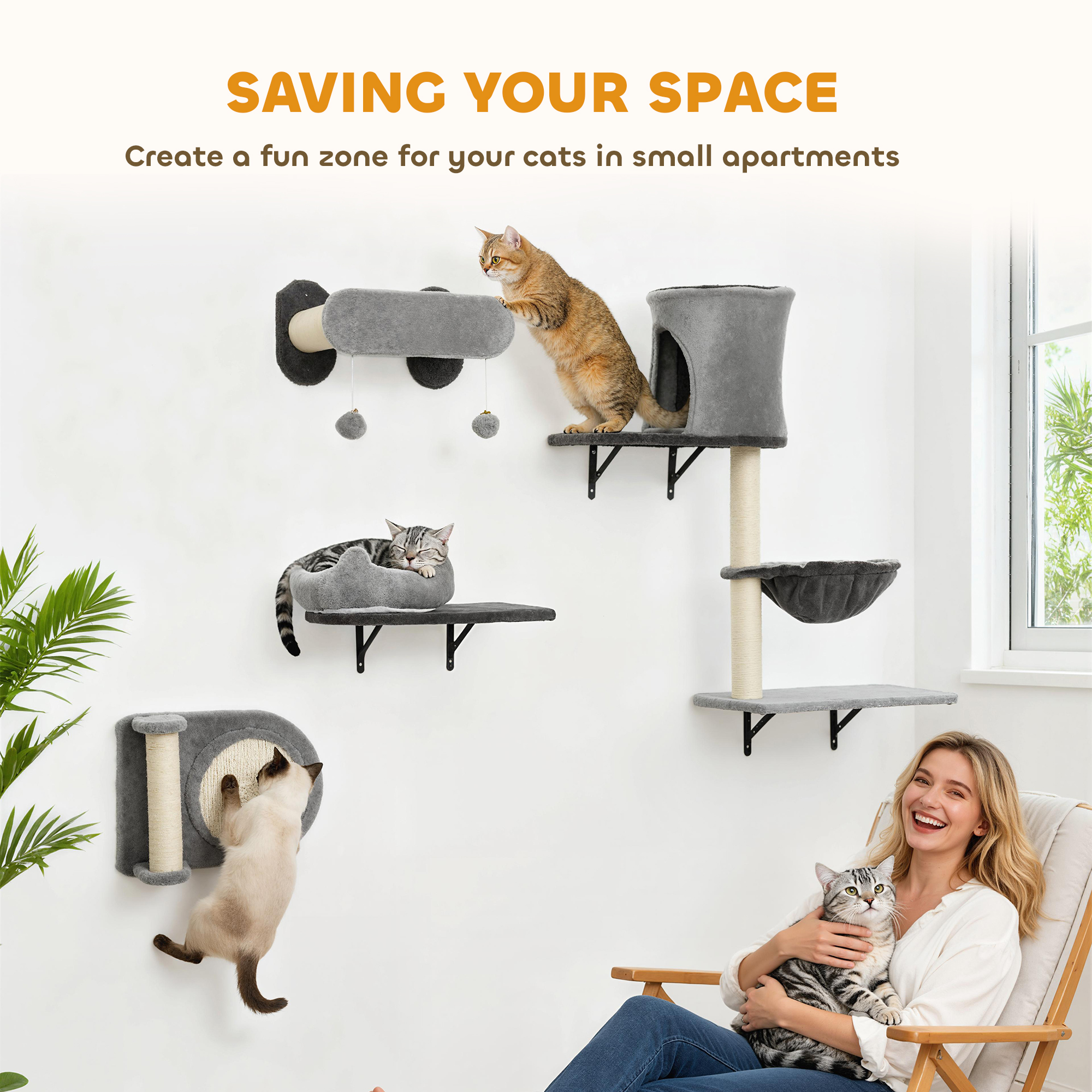 4Pcs Cat Wall Shelves with Scratching Post & Pad, Condo, Hammock, Bed, Step, Hanging Pompoms, Perches