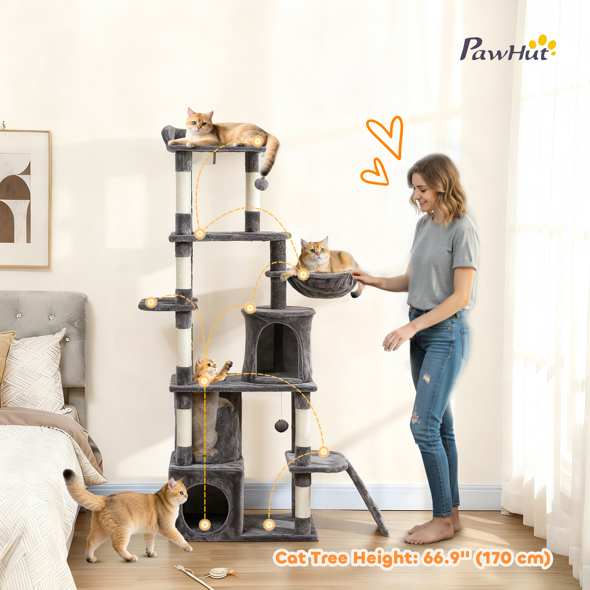 67" Large Cat Tree with 7 Scratching Posts, Tunnel, 2 Condos, Hammock, Perch, Ramp, Pompoms, Dark Grey - Image 5