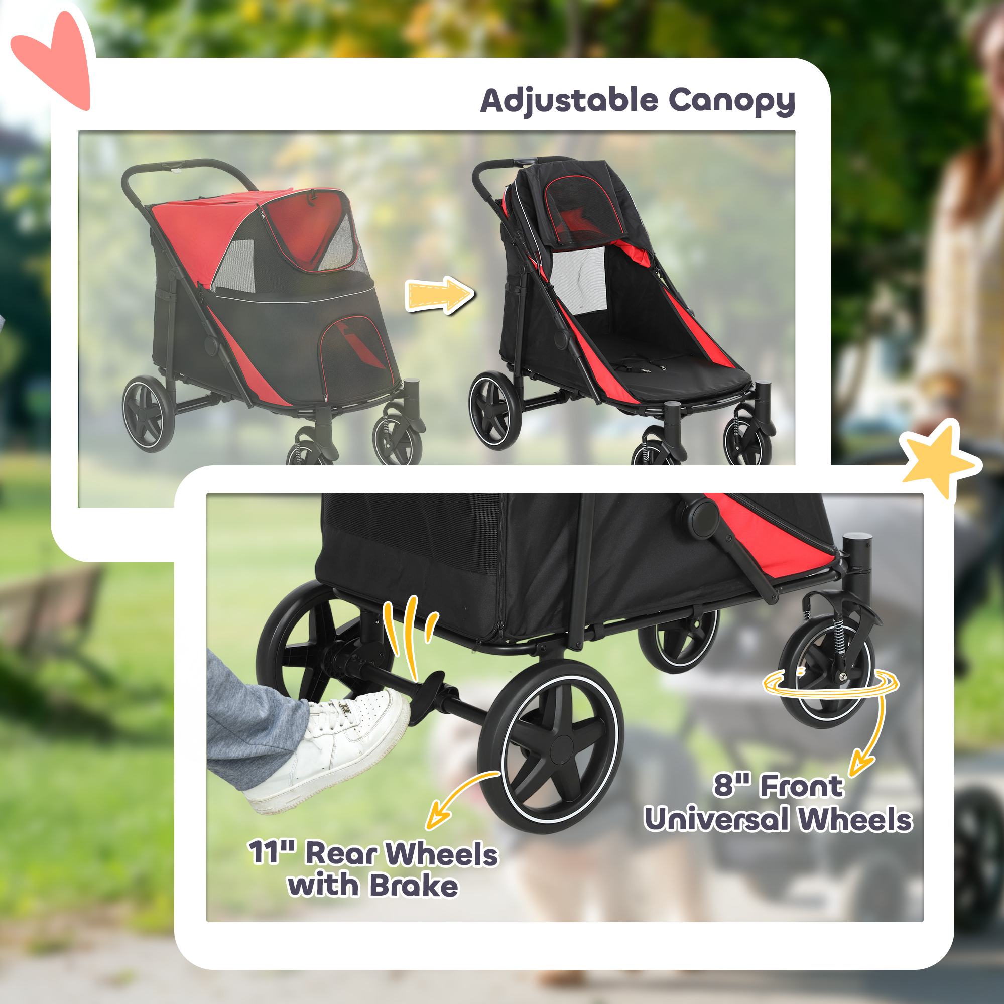Foldable Pet Stroller with Universal Front Wheels, Shock Absorber, Dog Cat Carriage for Large & Medium Dogs, Red - Image 6