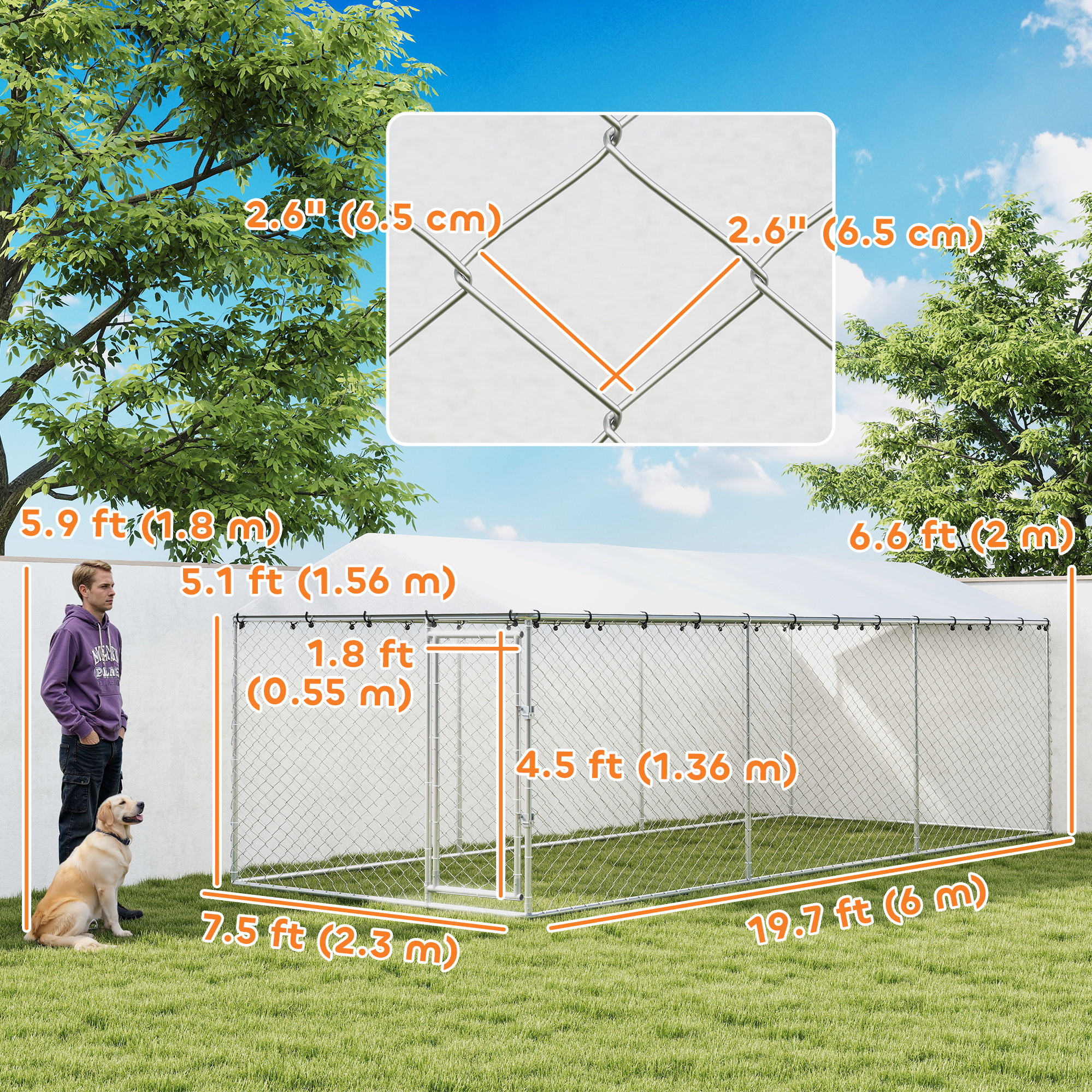 19.7' x 7.5' x 6.6' Dog Kennel Outdoor for Small Medium Large Dogs with Waterproof Cover, Silver