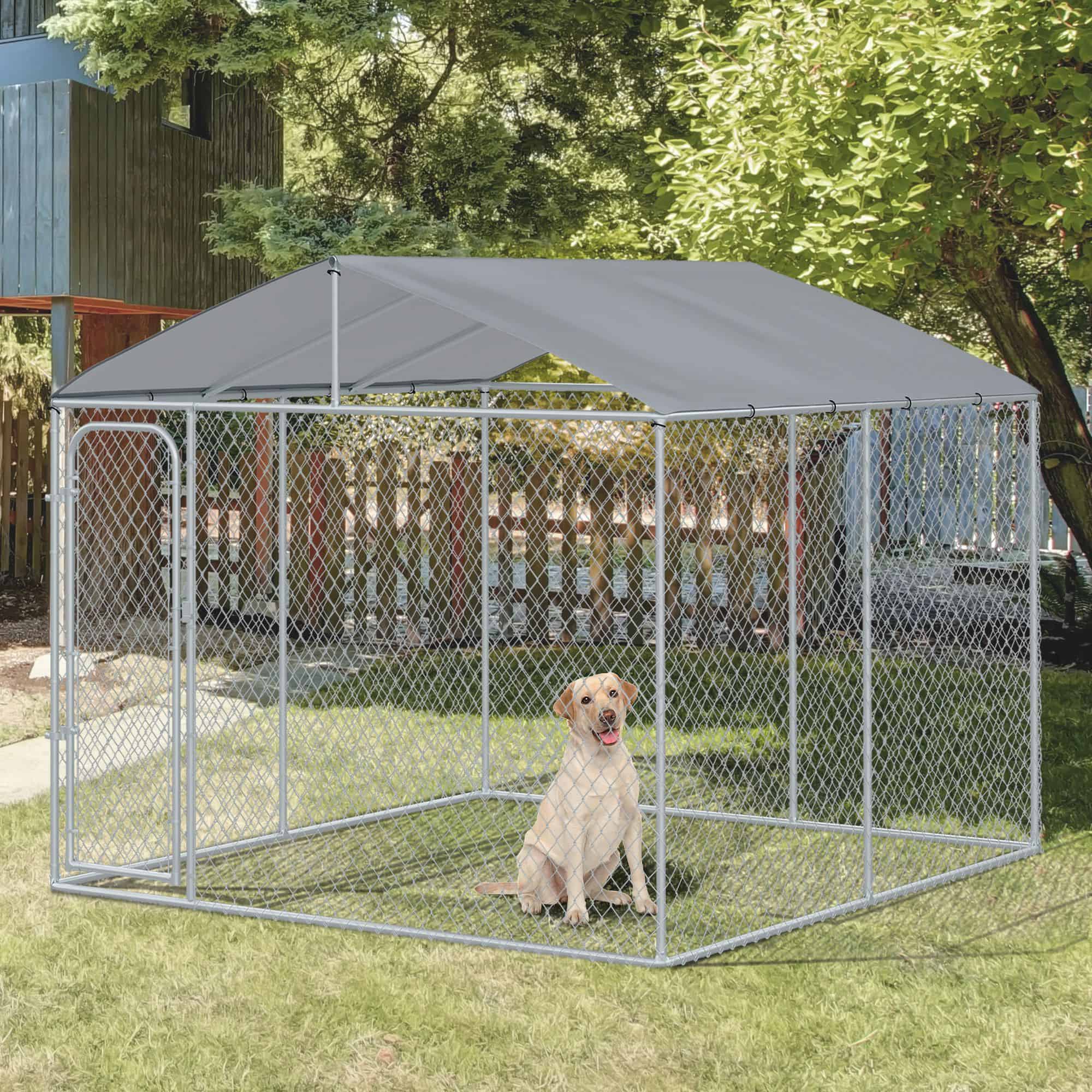 Dog Kennel Outdoor Run Fence with Roof, Steel Lock, Mesh Sidewalls for Backyard & Patio, 9.8' x 9.8' x 7.7'