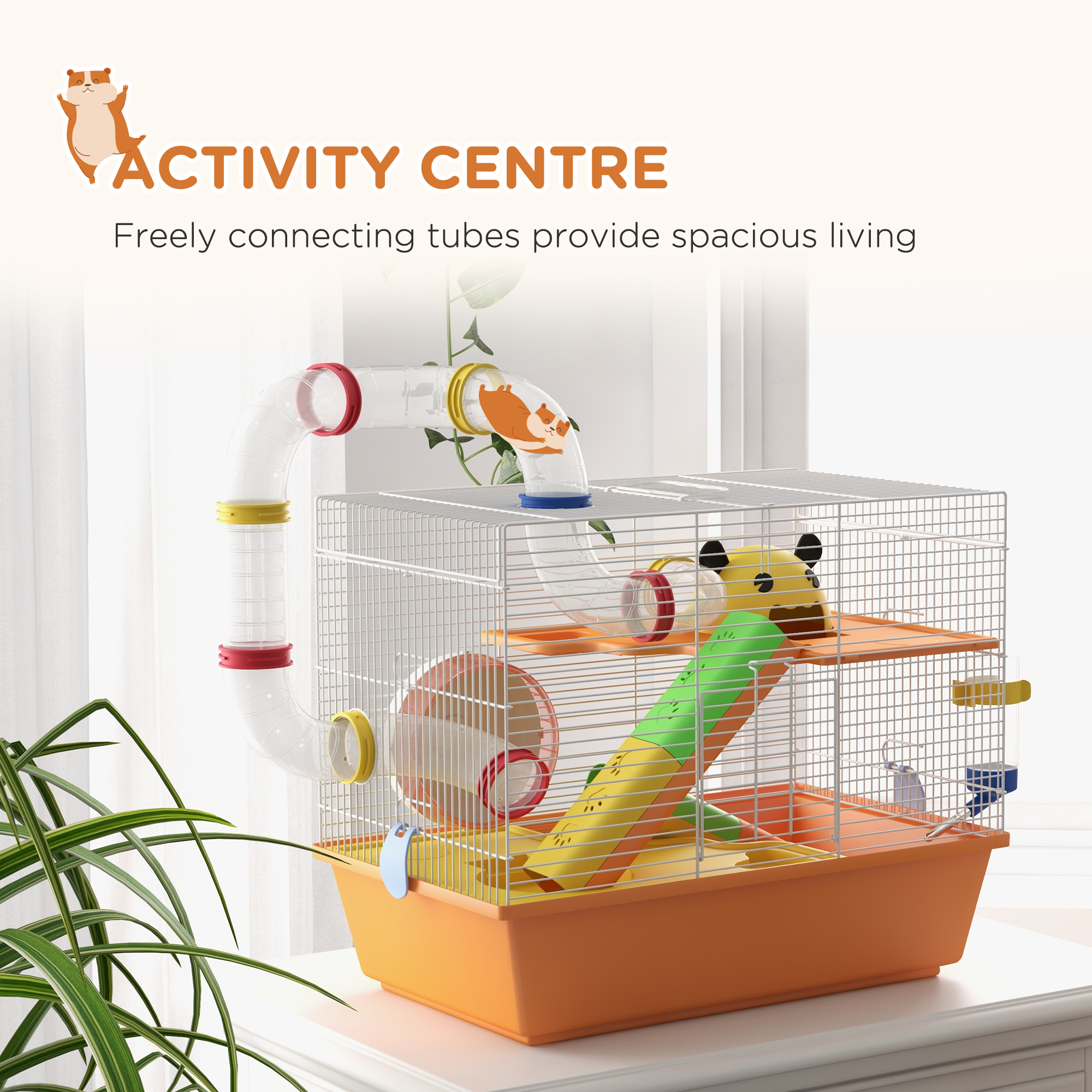 3 Tiers Hamster Cage for Gerbil, Dwarf Hamster with Tunnels, Water Bottle, Exercise Wheel, 18" x 11" x 15" - Orange