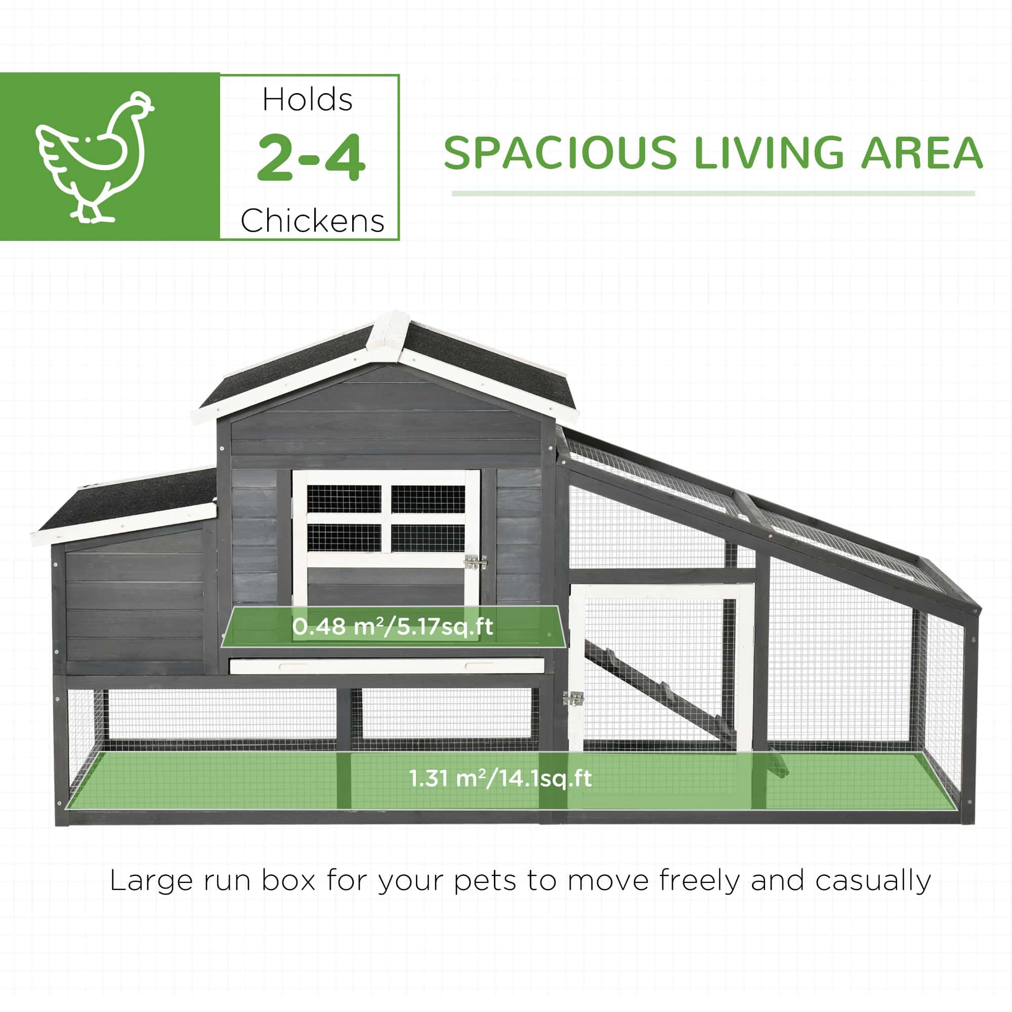 79" Wooden Chicken Coop, Outdoor Hen House, Poultry Habitat with Removable Tray, Nesting Box, Run, Ramp, Grey