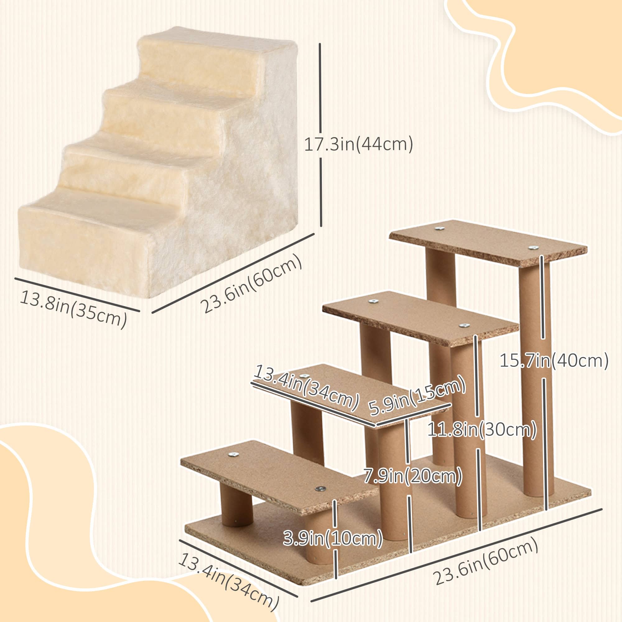 4-Step Dog Ramp for Sofa, Bed, and Couch, with Removable Cover, Beige