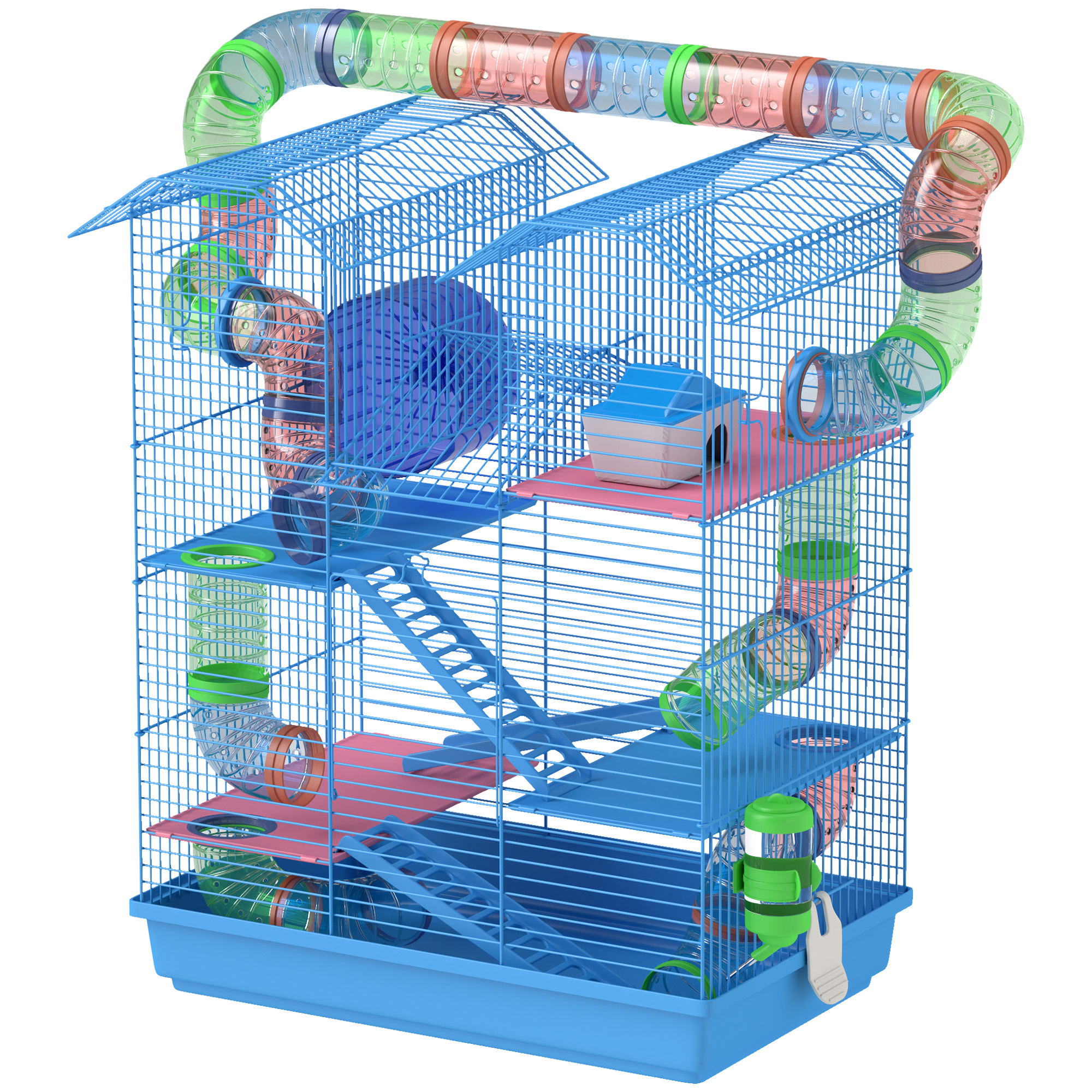 18.5" Hamster Cage, 5 Tiers Small Animal House with Tunnel Tube System, Exercise Wheel, Water Bottle, Blue