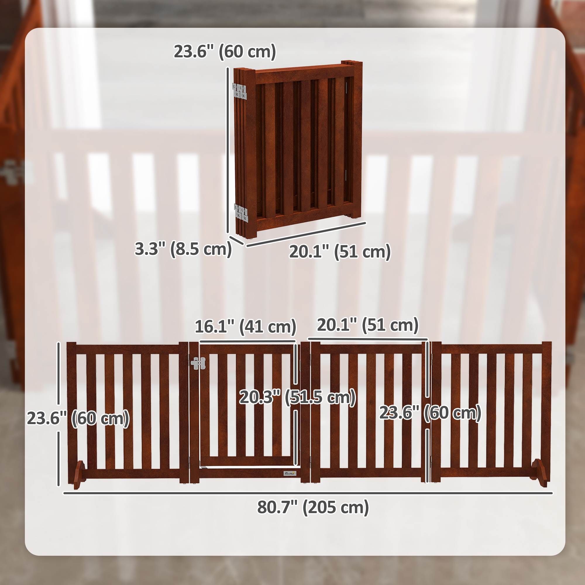 Foldable Dog Gate with Door, 4 Panels Fressstanding Pet Gate, Brown
