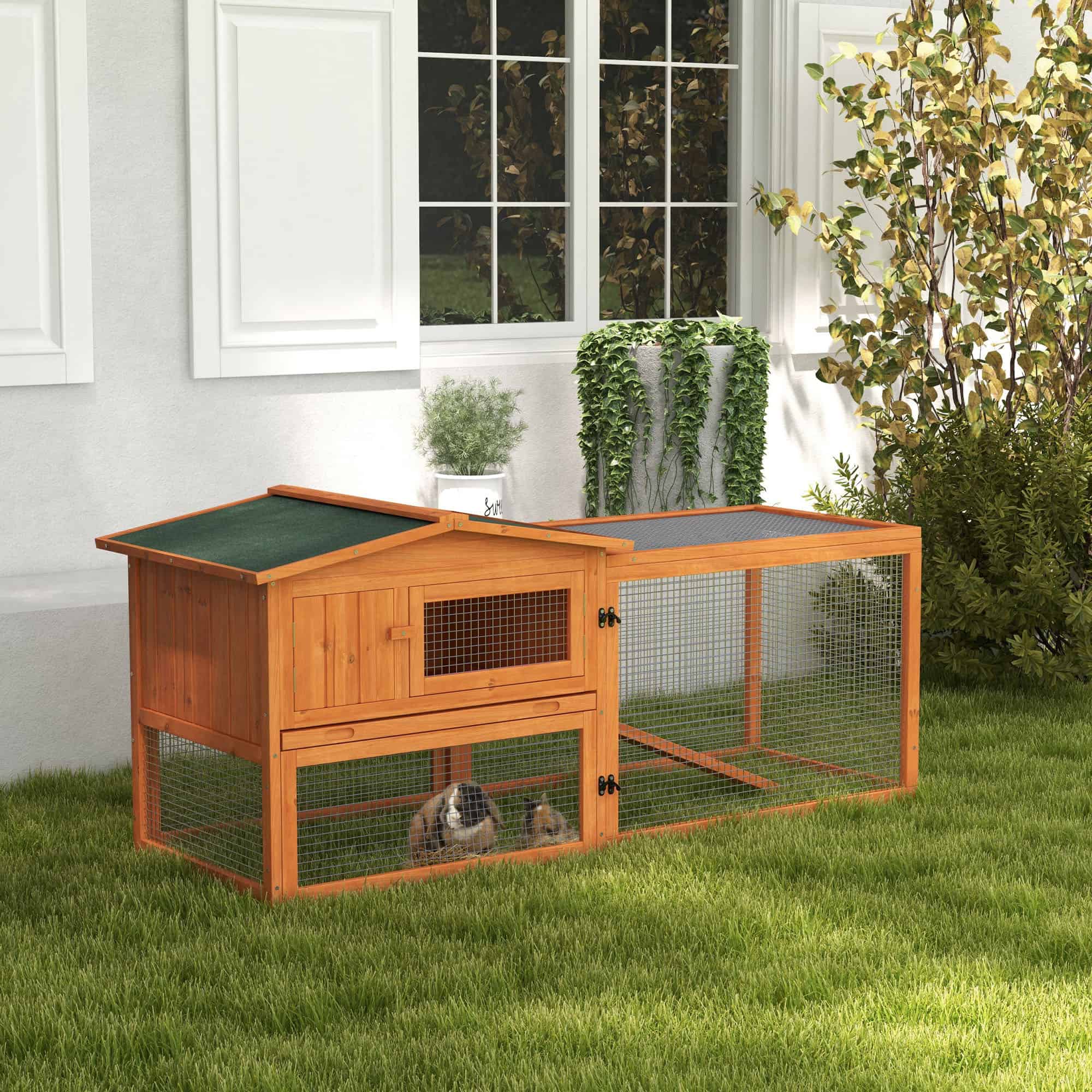 Wooden Rabbit Hutch Guinea Pig House with Removable Tray, Openable Roof, Trough, Run for Tortoises and Ferrets, Orange