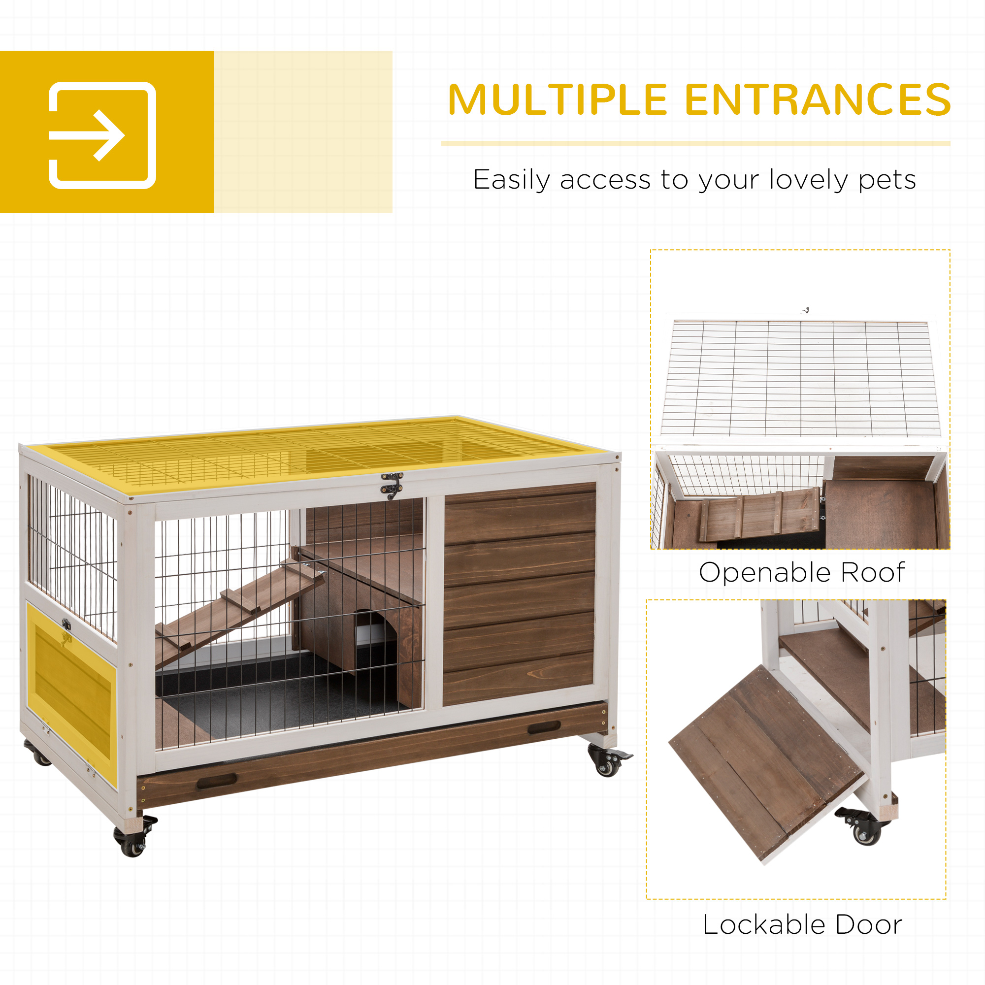 Wooden Indoor Rabbit Hutch Elevated Bunny Cage Habitat with Enclosed Run with Wheels, Ideal for Rabbits and Guinea Pigs, Brown