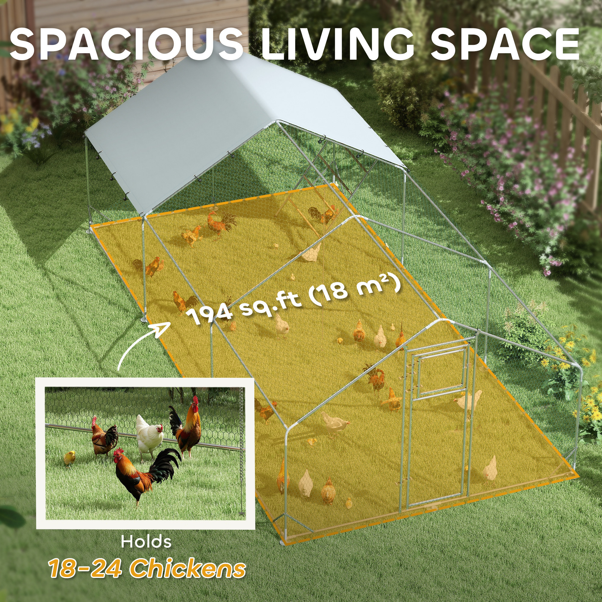 Large Metal Chicken Run with Waterproof & UV-Resistant Cover, Feeding Door, Hanging Feeder, Perch for 18-24 Chickens