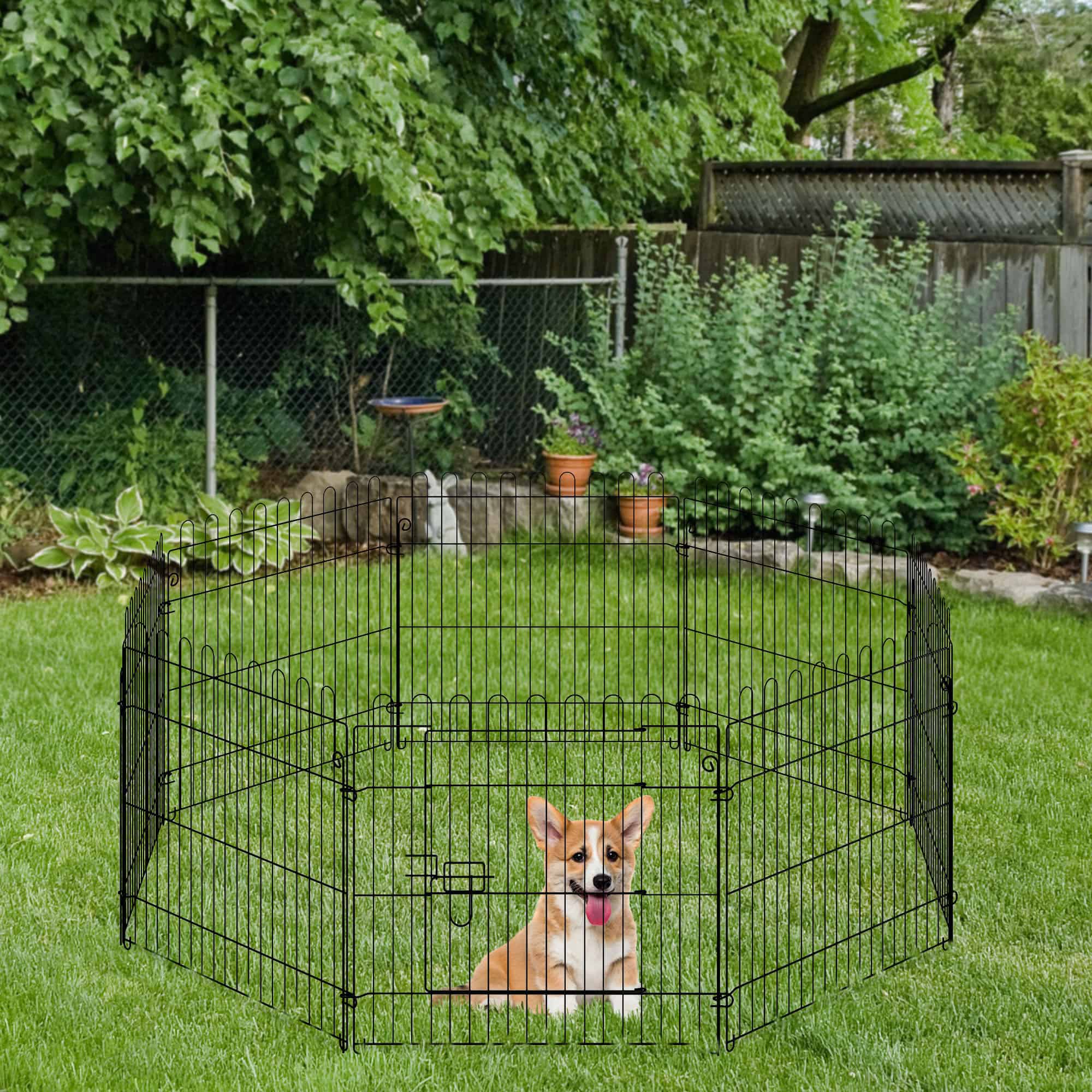 24inch 8-Panel Dog Playpen Octagon Pet Exercise Playpen Crate Foldable Dog Cage Pen Puppy Kennel, Black