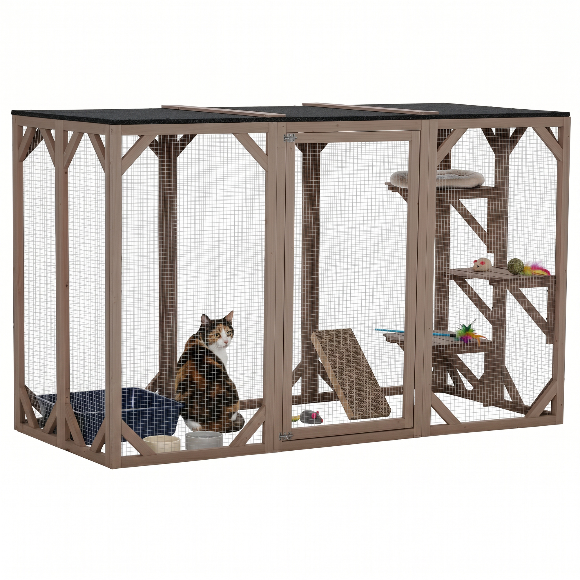 71"L Catio Outdoor Cat Enclosure, Indoor Cat Cage, Pet House, Small Animal Hutch for 1-2 Rabbit, Kitten, Kitty Crate Kennel w/ Waterproof Roof, Multi-Level Platforms, Brown - Image 2