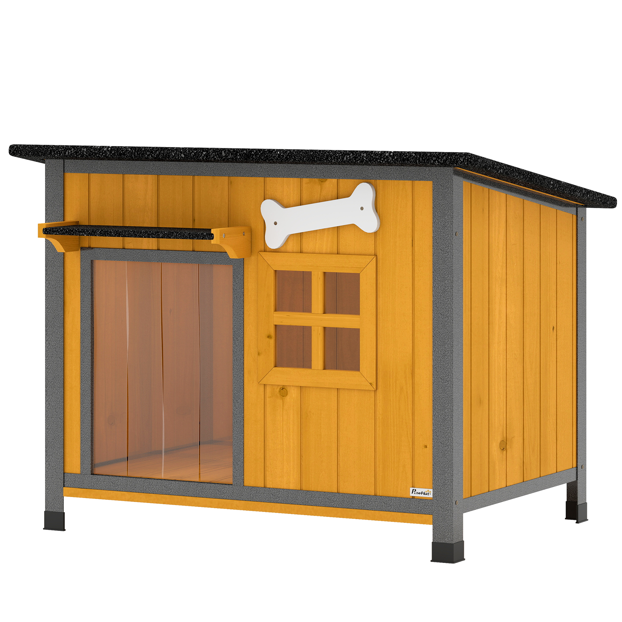 Outdoor Dog House with Anti-Chewing Steel Frame, Openable Roof, Removable Floor, Door Curtain, Yellow