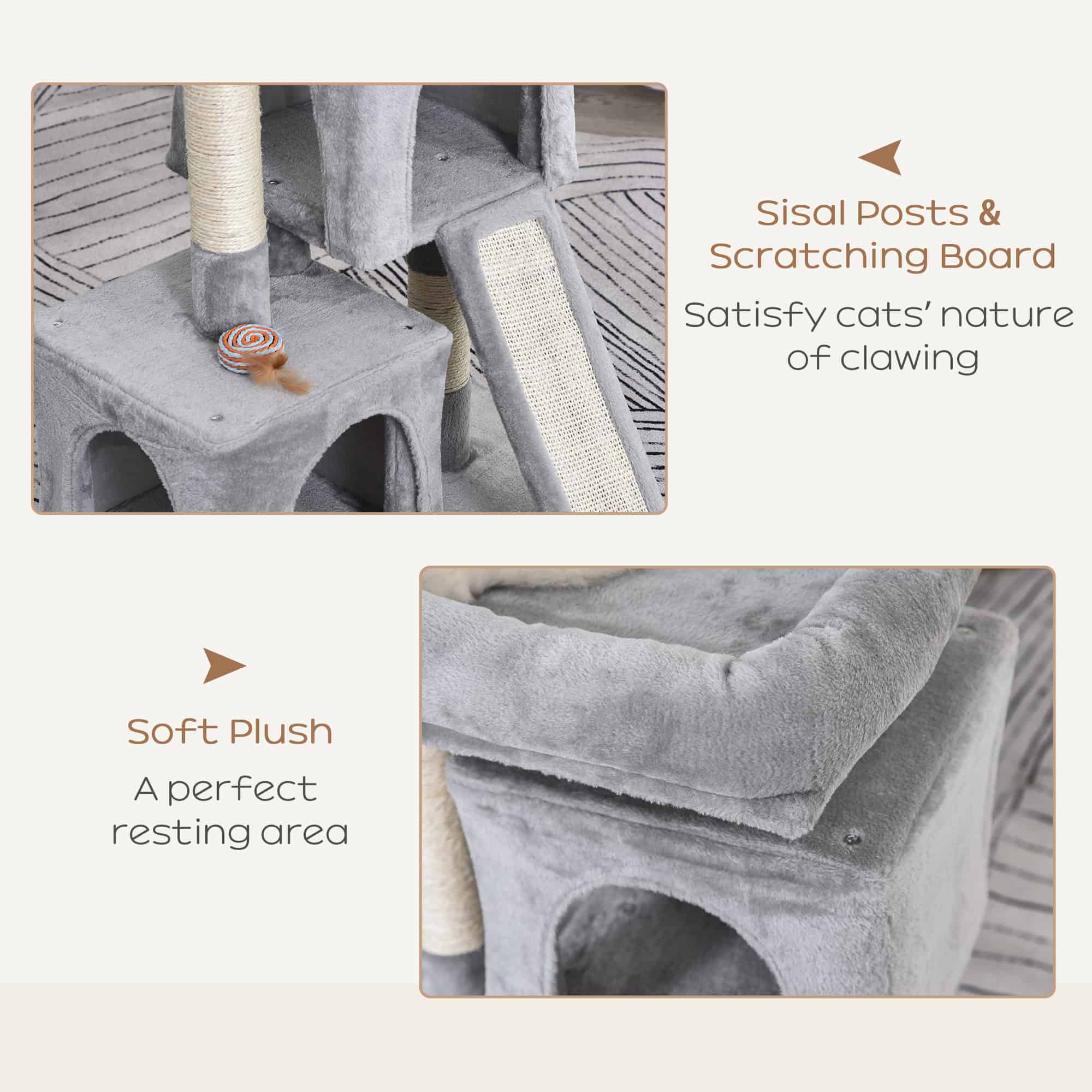 Plush Cat Tree Tower Activity Center with Sisal Scratching Post Scratching Board Perch Condo, Light Grey