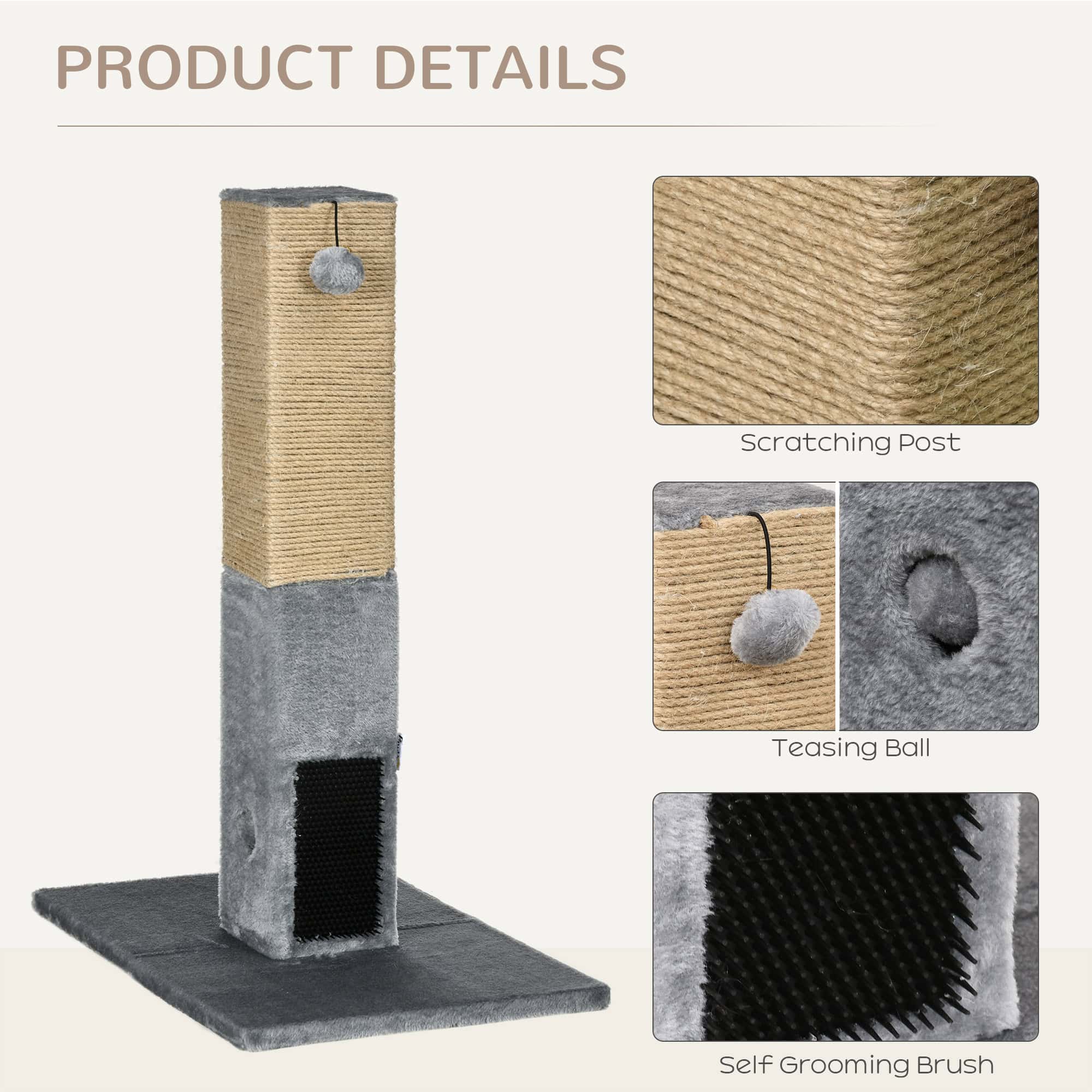 31" Tall Cat Scratching Post for Indoor Cats with Hanging Balls, Grooming Brushes, Stable Base, Grey