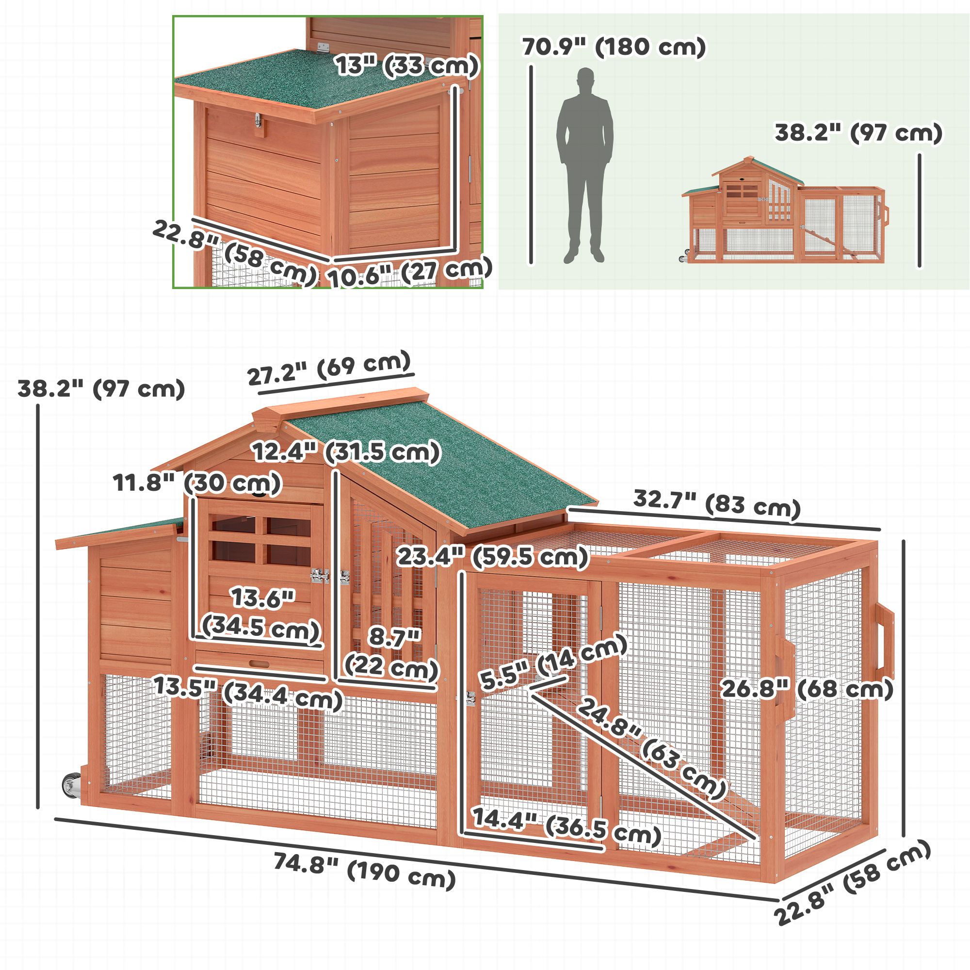 Chicken Coop with Run Mobile Wooden Hen House with Nesting Box Pull-out Tray for 1-2 Chickens Orange