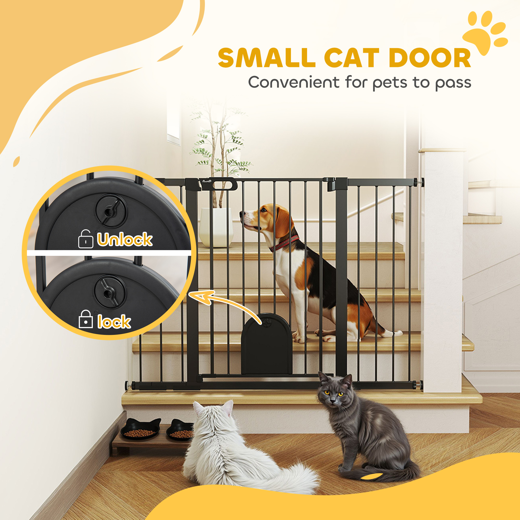 30"-52" Extra Wide Pet Gate Barrier with Small Door, 35"H Dog Gate with Safety Gate Barrier, Stair Pressure Fit, Black