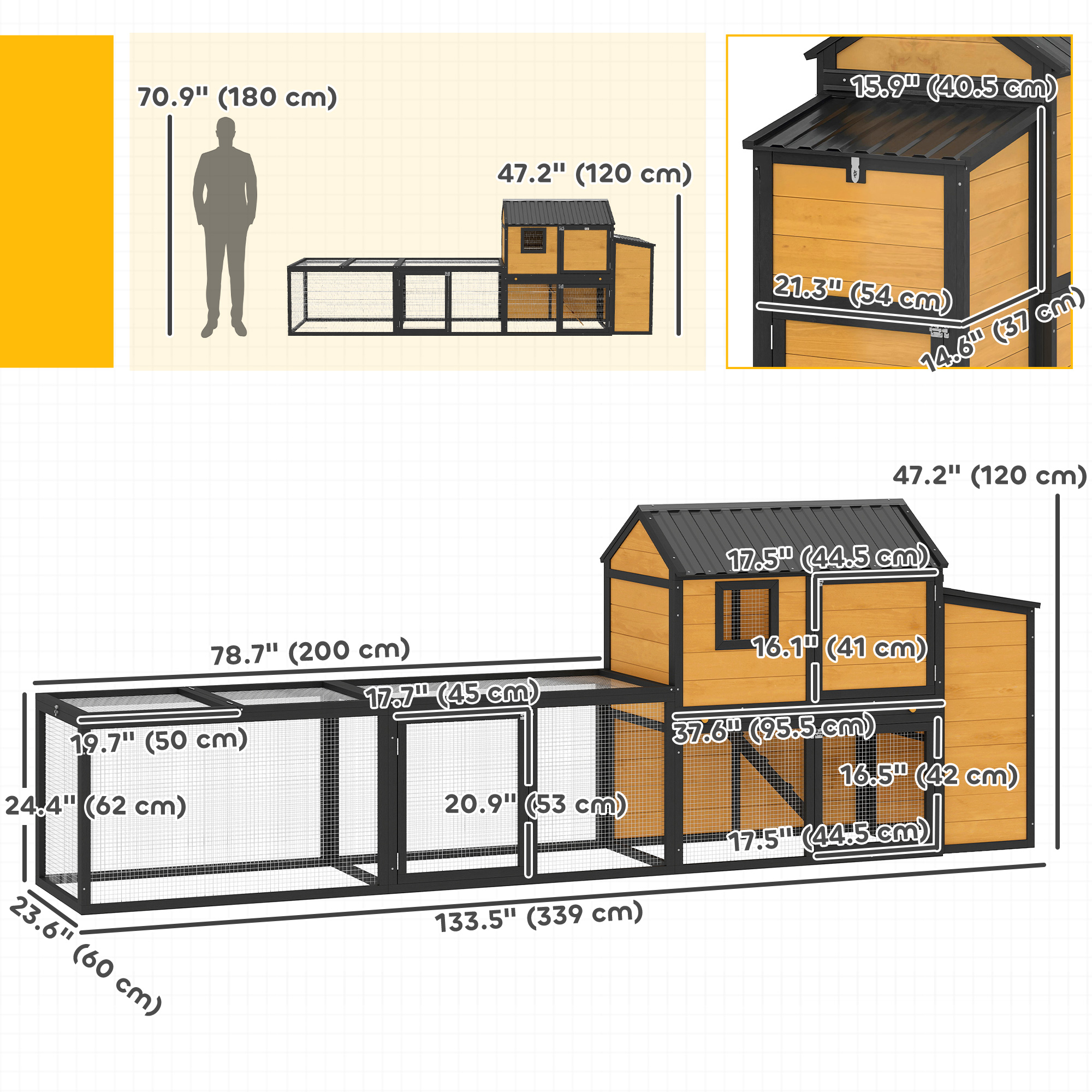 Large Chicken Coop, 134"L Wooden Chicken House with Run, Nesting Box, Slide-Out Tray, Waterproof Roof and Ramp - Image 3