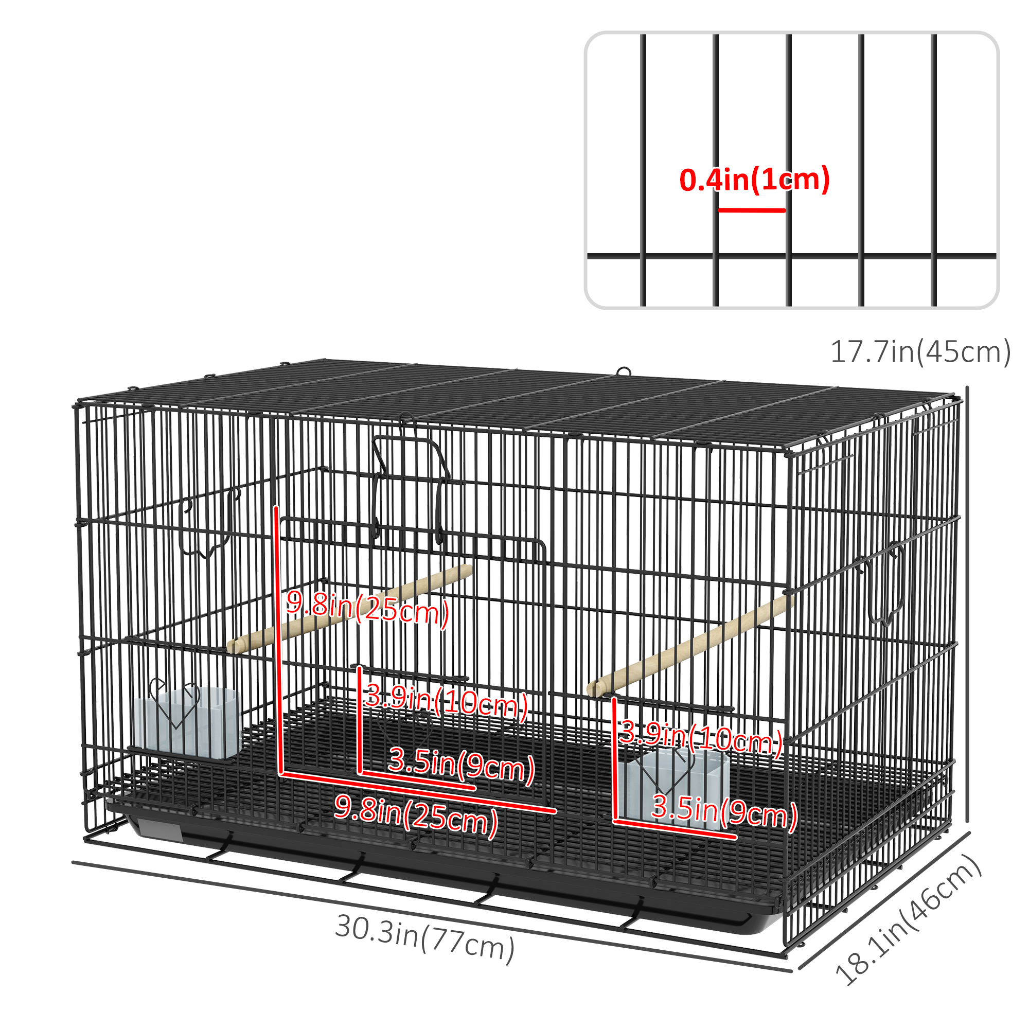Birdcage for Canaries, Lovebirds Finches, Budgie Cage with Removable Tray, Bottom Mesh Panel, Wooden Perches, Food Containers, 30"L x 18"W x 18"H, Black