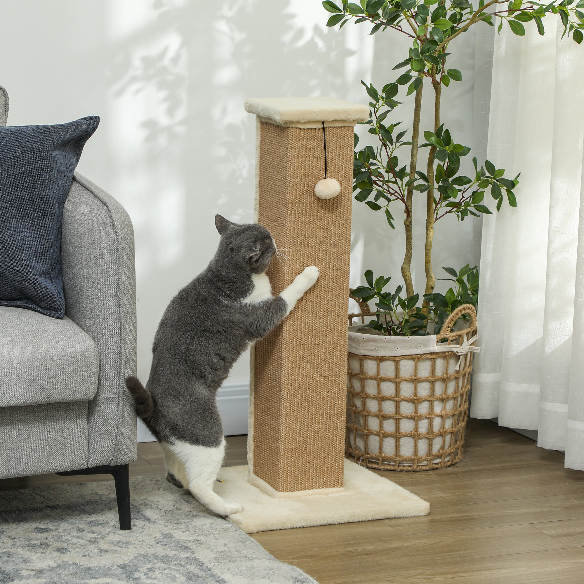 32" Tall Cat Scratching Post for Indoor Cats and Kittens, Sisal Cat Scratcher with Hanging Ball Soft Plush, Beige
