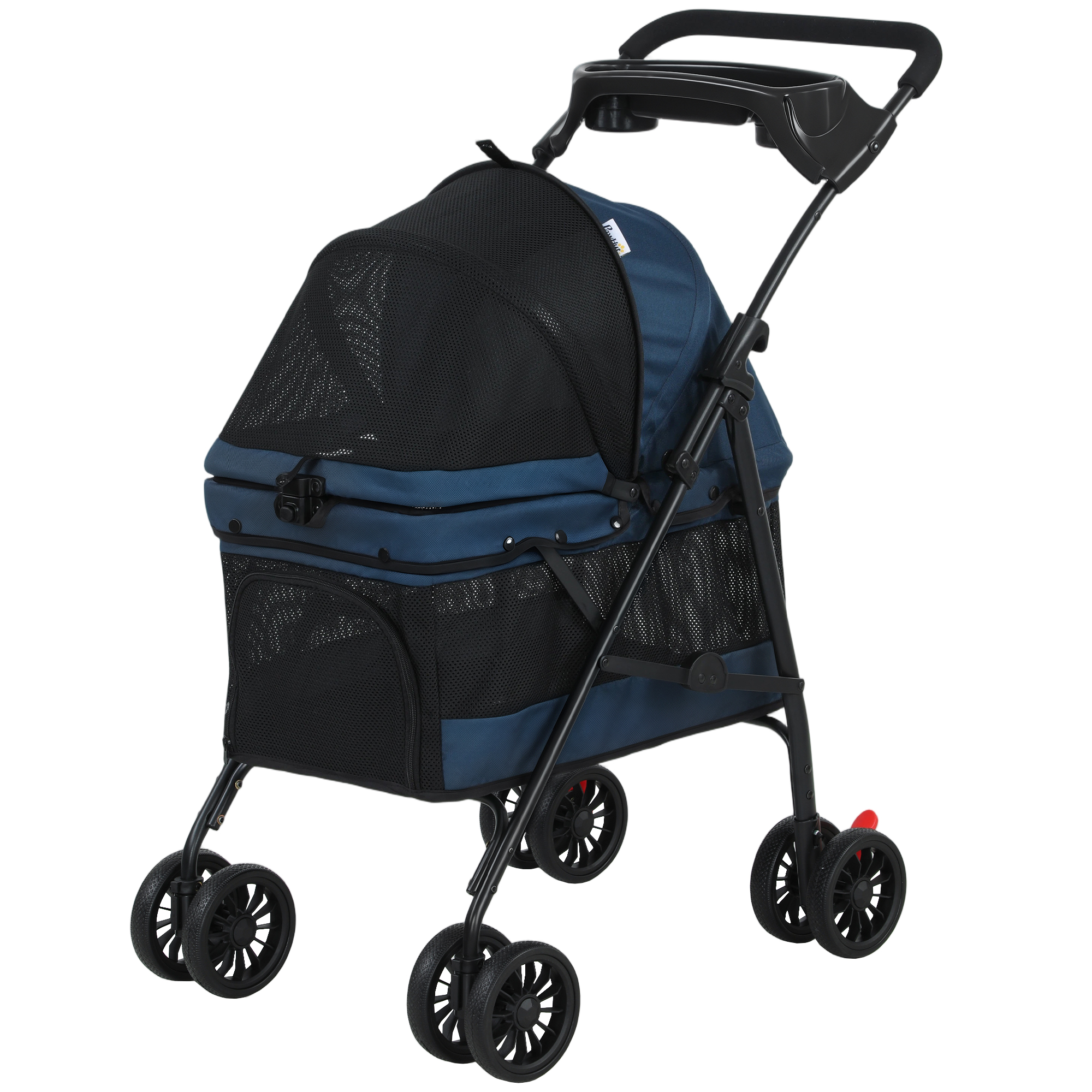 Foldable Pet Stroller for Small Dogs and Cats with 4 Wheels, Mesh Windows, Brake, Removable Pad, Storage Tray, Dark Blue
