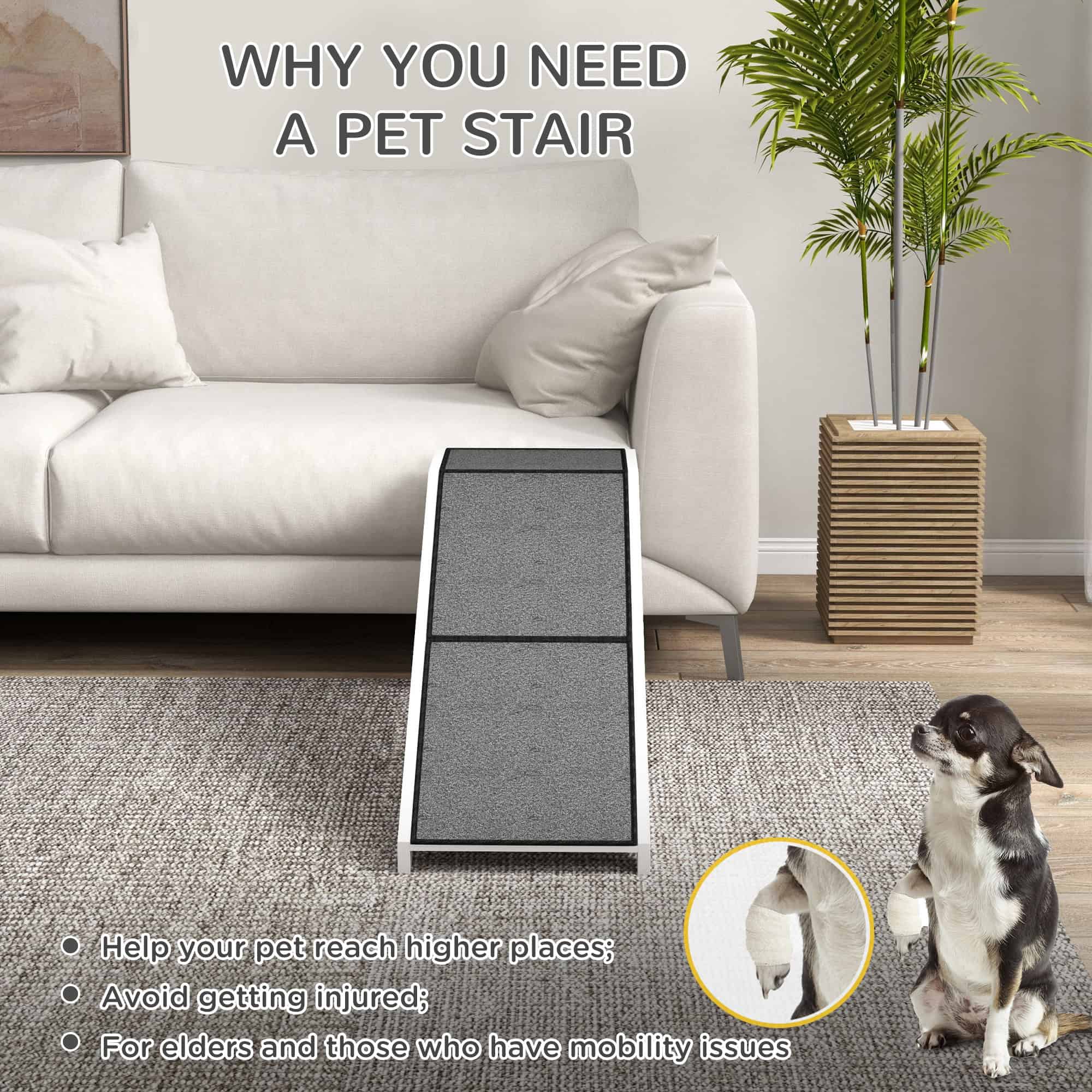 Pet Ramp Bed Steps for Dogs Cats Non-slip Carpet Top Platform Pine Wood 59"L x 16"W x 20"H White