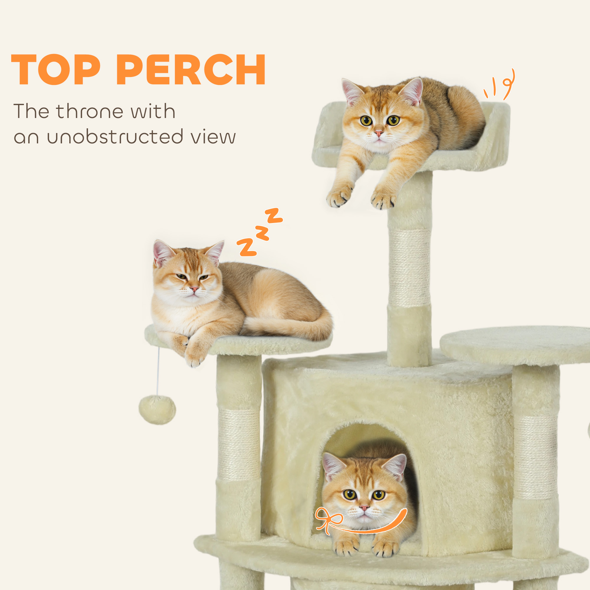 62" Cat Tree with Scratching Post, 2 Condos, Hammock, Perches, Plush, Pompoms, for Indoor Cats, Beige - Image 6