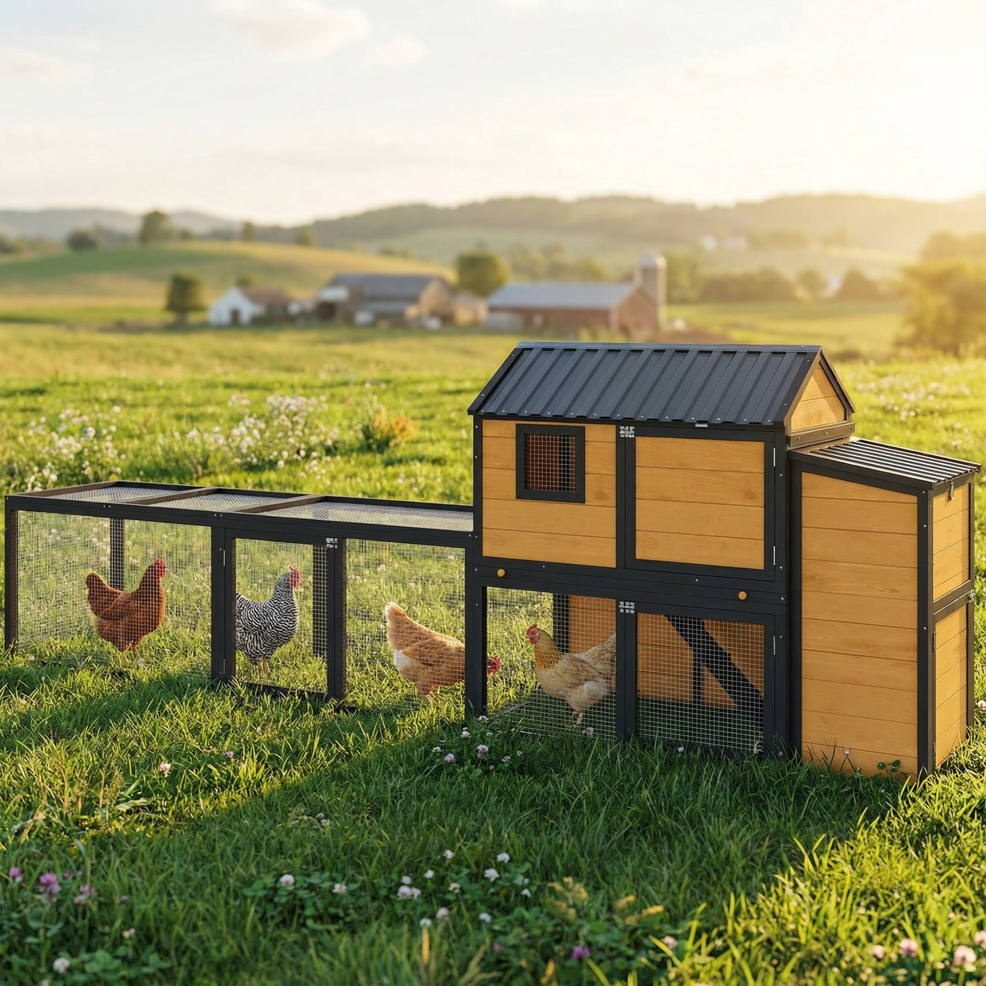 Large Chicken Coop, 134"L Wooden Chicken House with Run, Nesting Box, Slide-Out Tray, Waterproof Roof and Ramp - Image 8