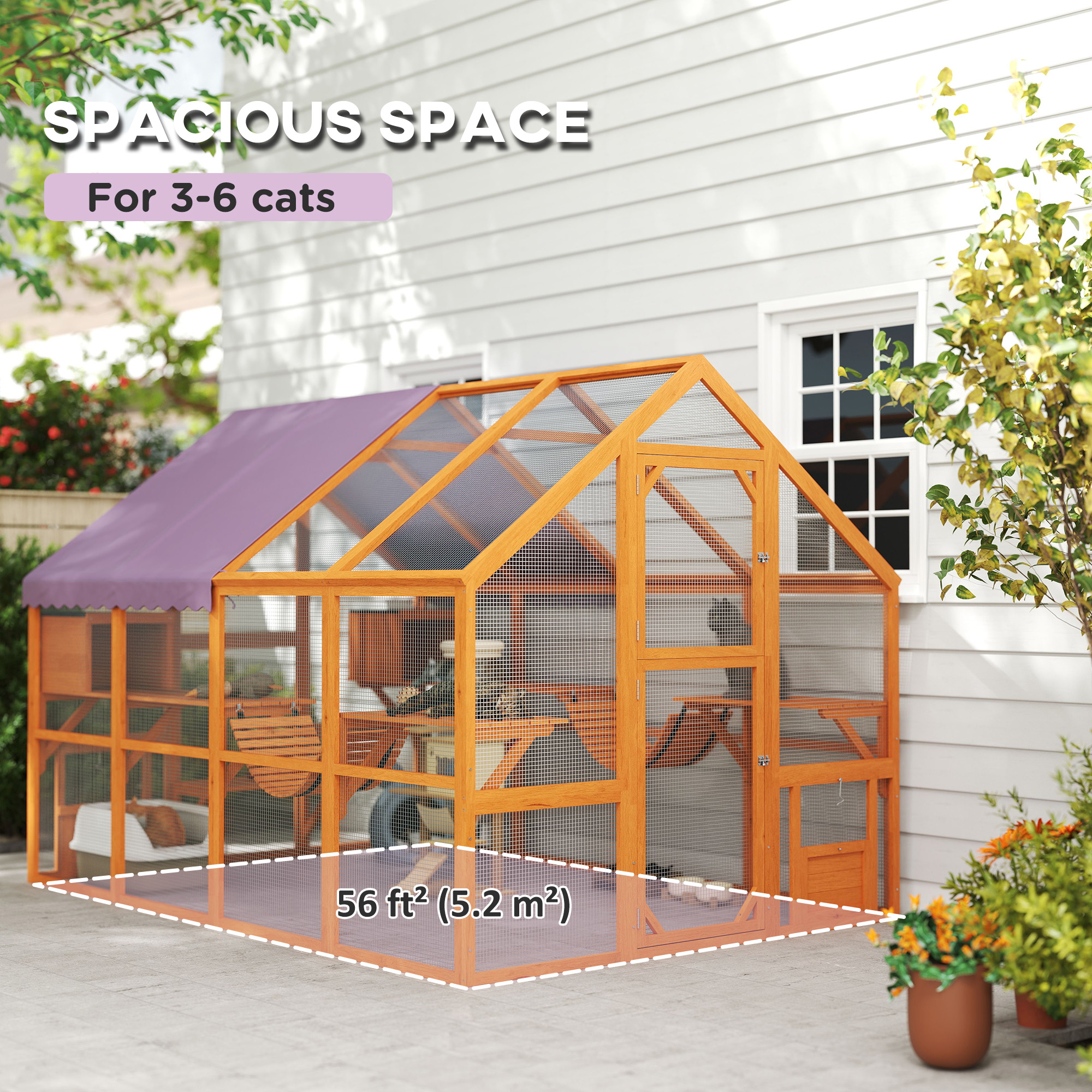Outdoor Cat Enclosure Wooden Feral Cat House w/ Weatherproof Canopy, Bridges, Resting Boxes, Platforms, for 3-6 Cats