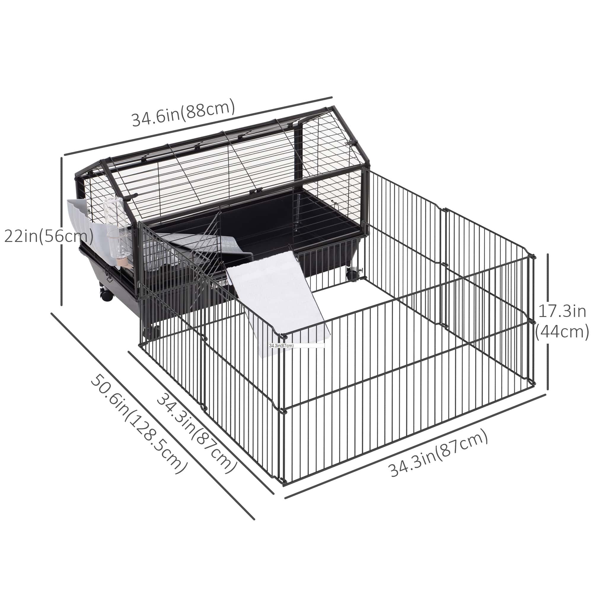 Guinea Pig Cage with Foldable Detachable Playpen, Rolling Rabbit Chinchilla Hedgehog Bunny Cage Small Animal Habitat with Water Bottle, Hay Feeder, 34.5" x 50.5" x 22"