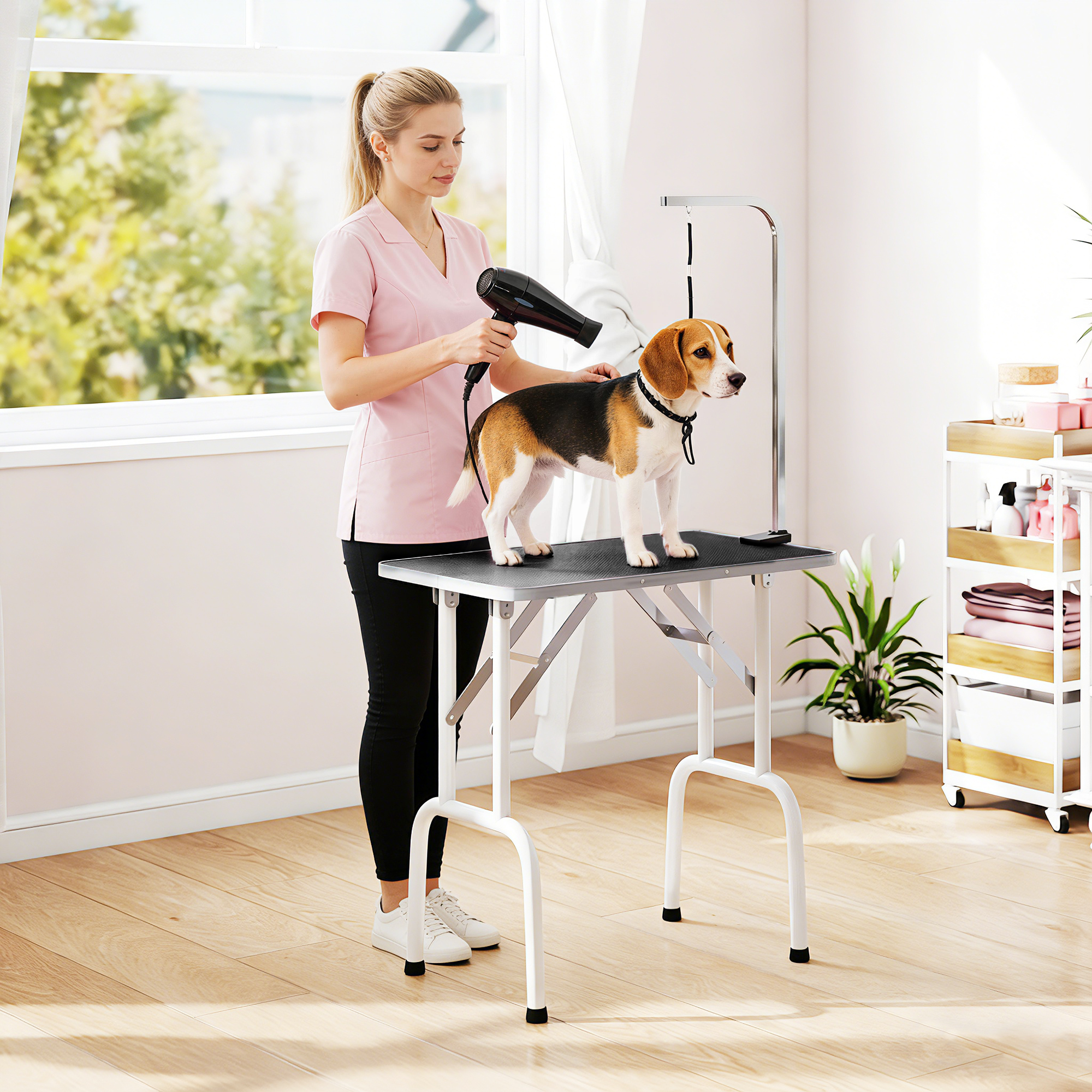 Foldable Pet Grooming Table for Dogs Cats with Adjustable Arm, Non-slip Surface, Black