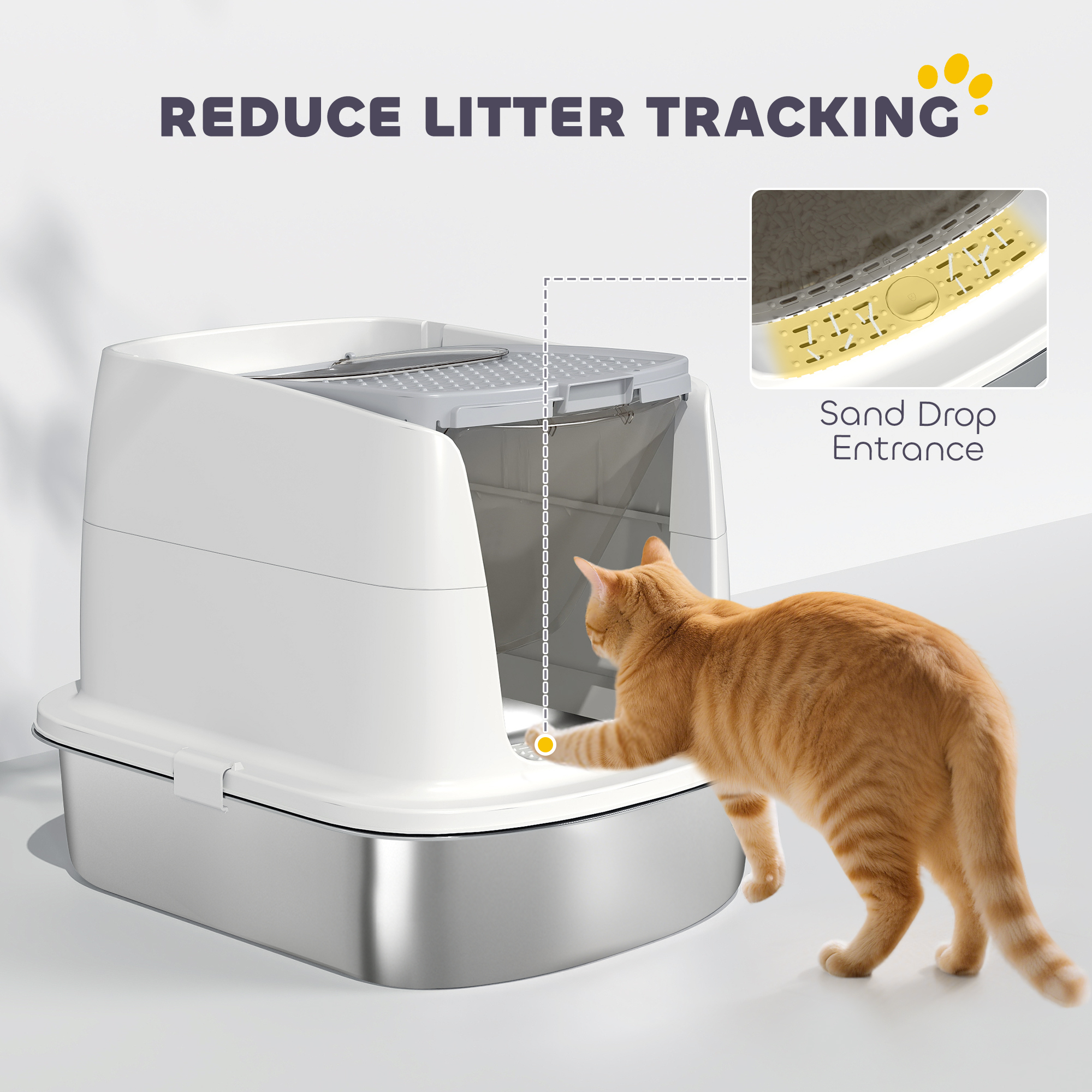 Large Stainless Steel Litter Box, Enclosed Metal Cat Litter Tray with Scoop, Deodoriser Bag, Front-Entry and Top-Exit
