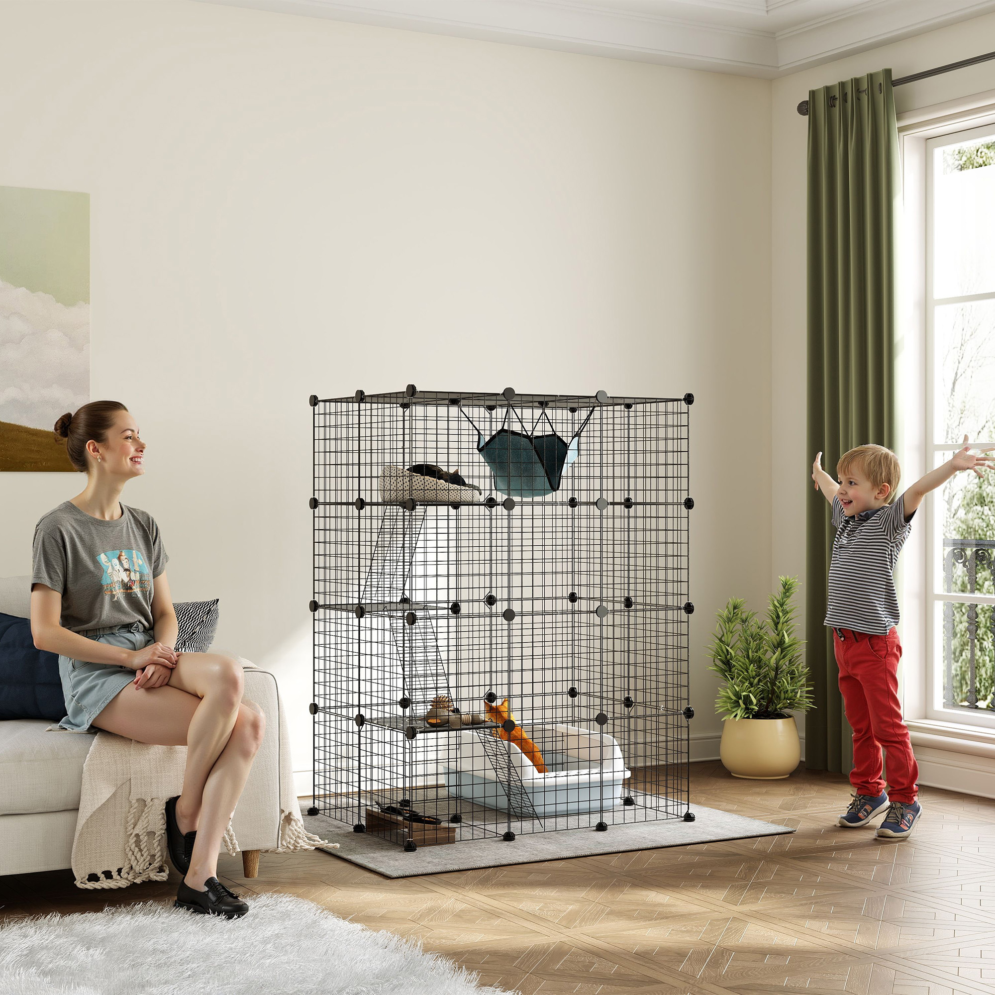 4-Tier DIY Large Cat Cage with Hammock, Platforms, Ramps, Accessories for 1-3 Cats, Indoor Use, Black