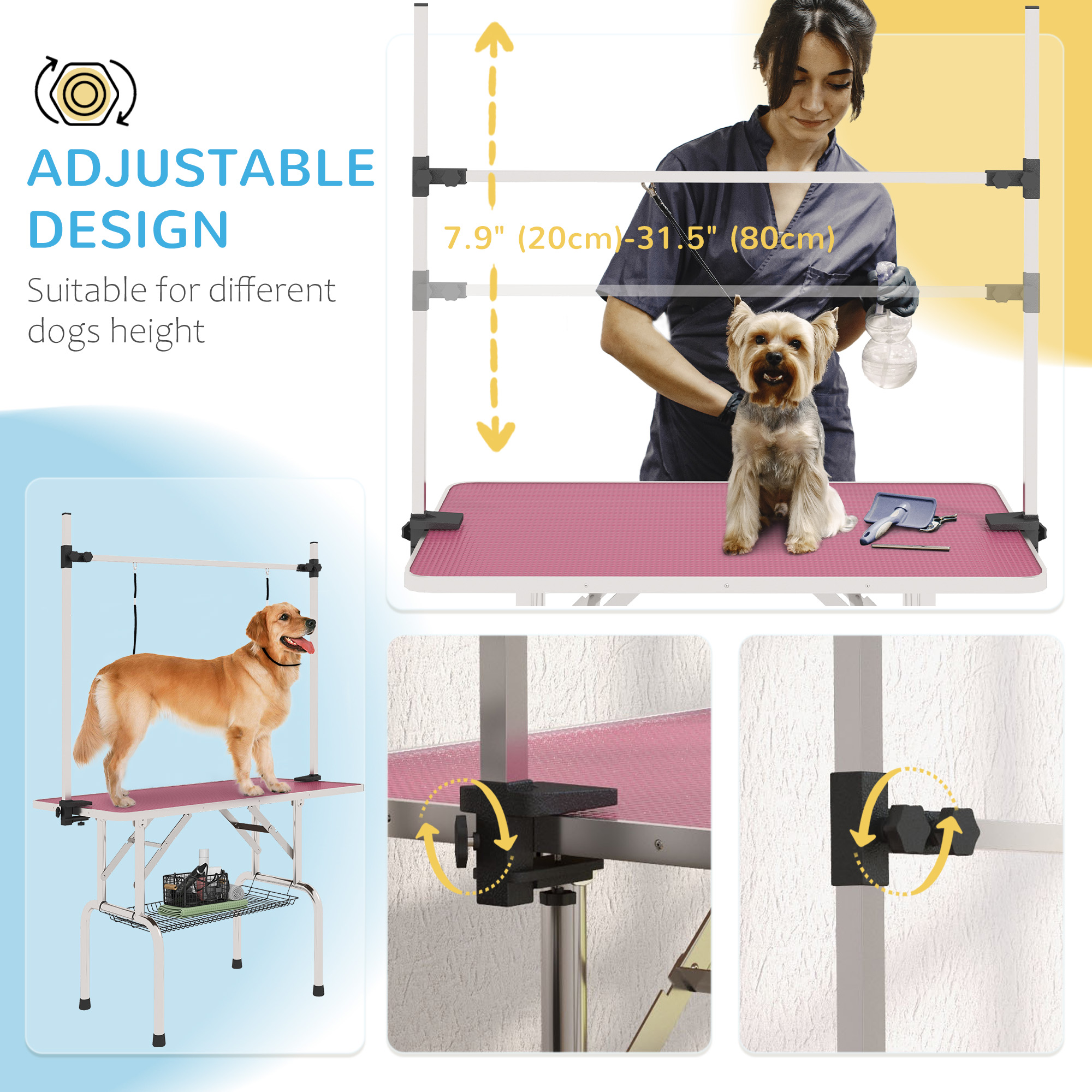 Adjustable Dog Grooming Table with 2 Safety Slings, Storage Basket, Pink