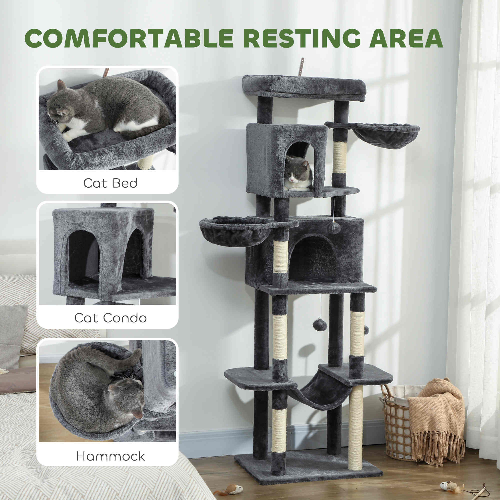 69" Cat Tree, Multi-Level Cat Tower with 2 Condos, Plush Perch and Sisal Scratching Posts, Dark Grey