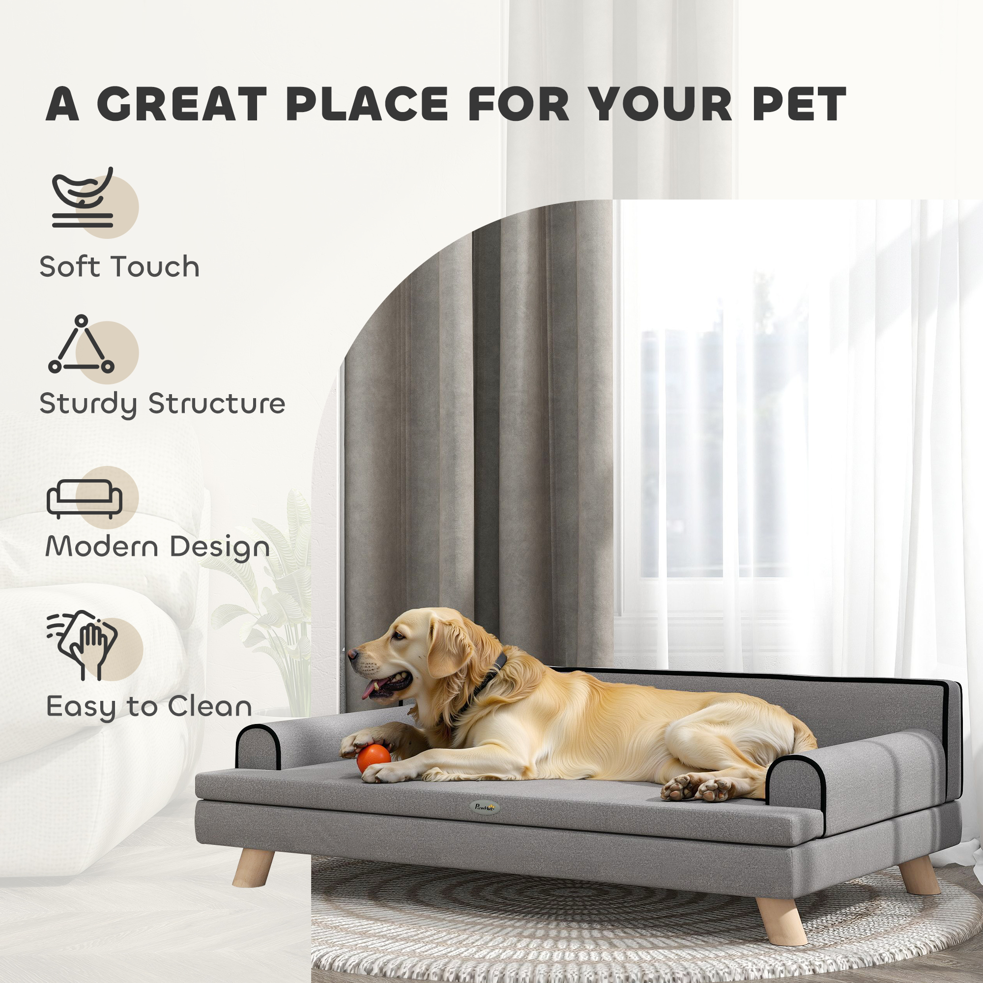 Elevated Dog Sofa Bed, Cat Couch with Cushion, Washable Cover, Wooden Legs, for Medium & Large Dogs, Light Grey - Image 7