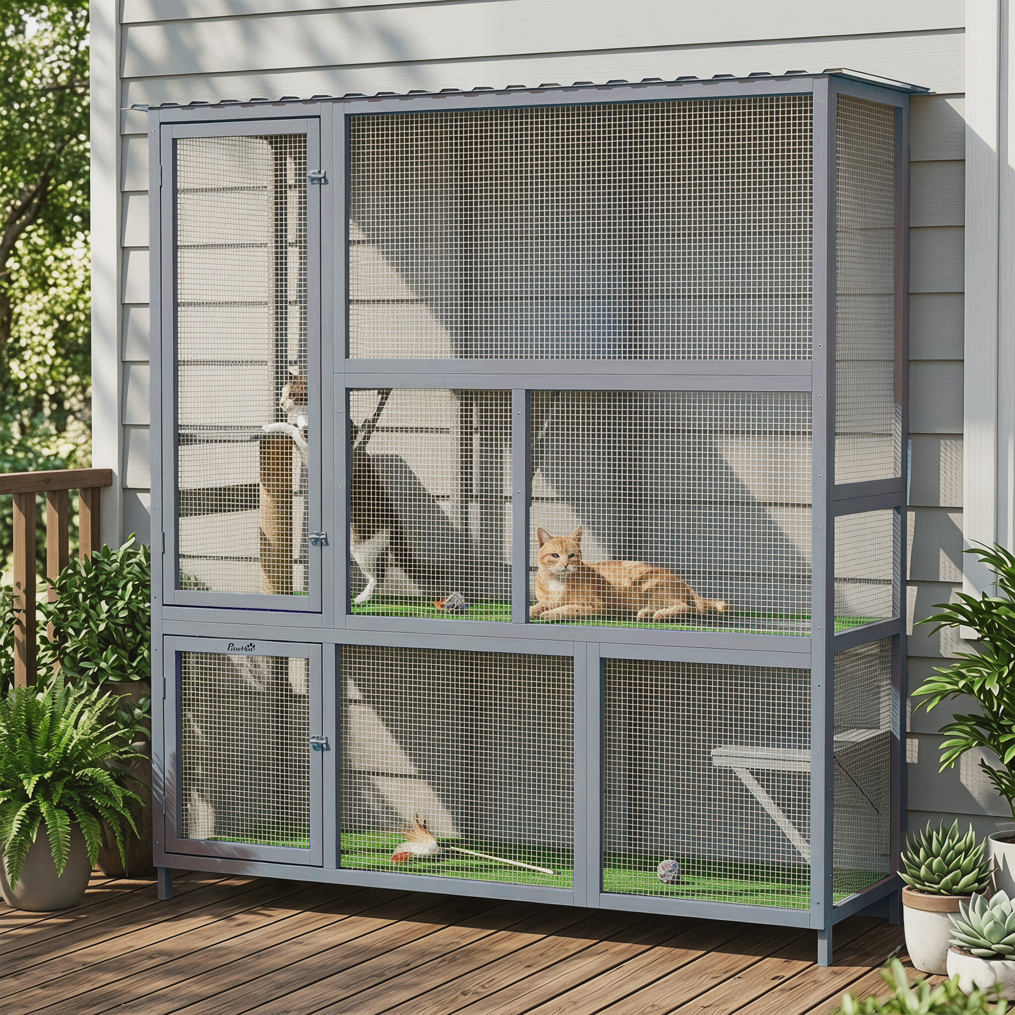 Catio Outdoor Cat Enclosure, 77" H Wooden Cat House with Weatherproof Roof, Platforms and Scratching Post - Image 8