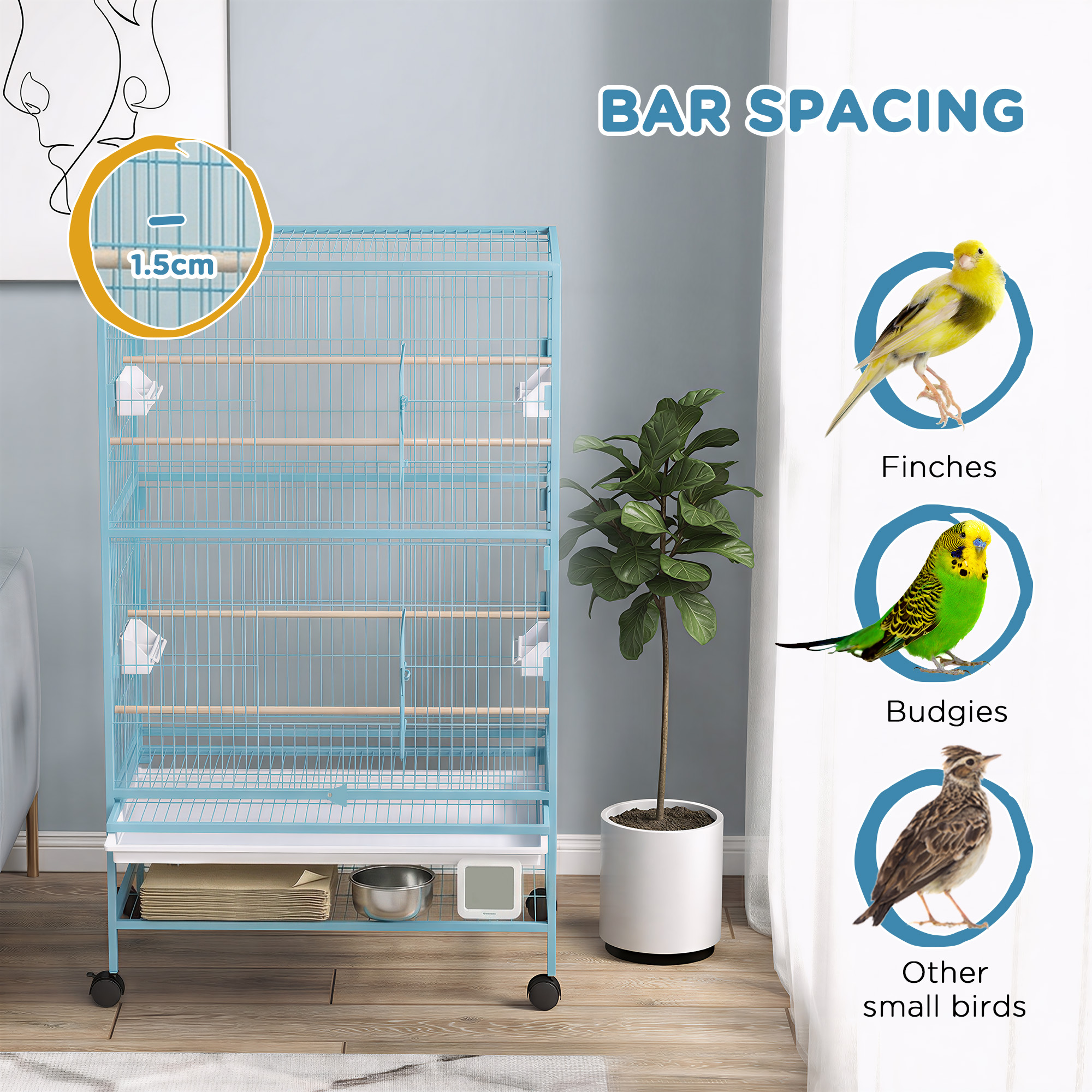 52'' Large Rolling Steel Bird Cage Bird House with Rolling Stand, Storage Shelf, Wood Perch, Food Container, Light Blue
