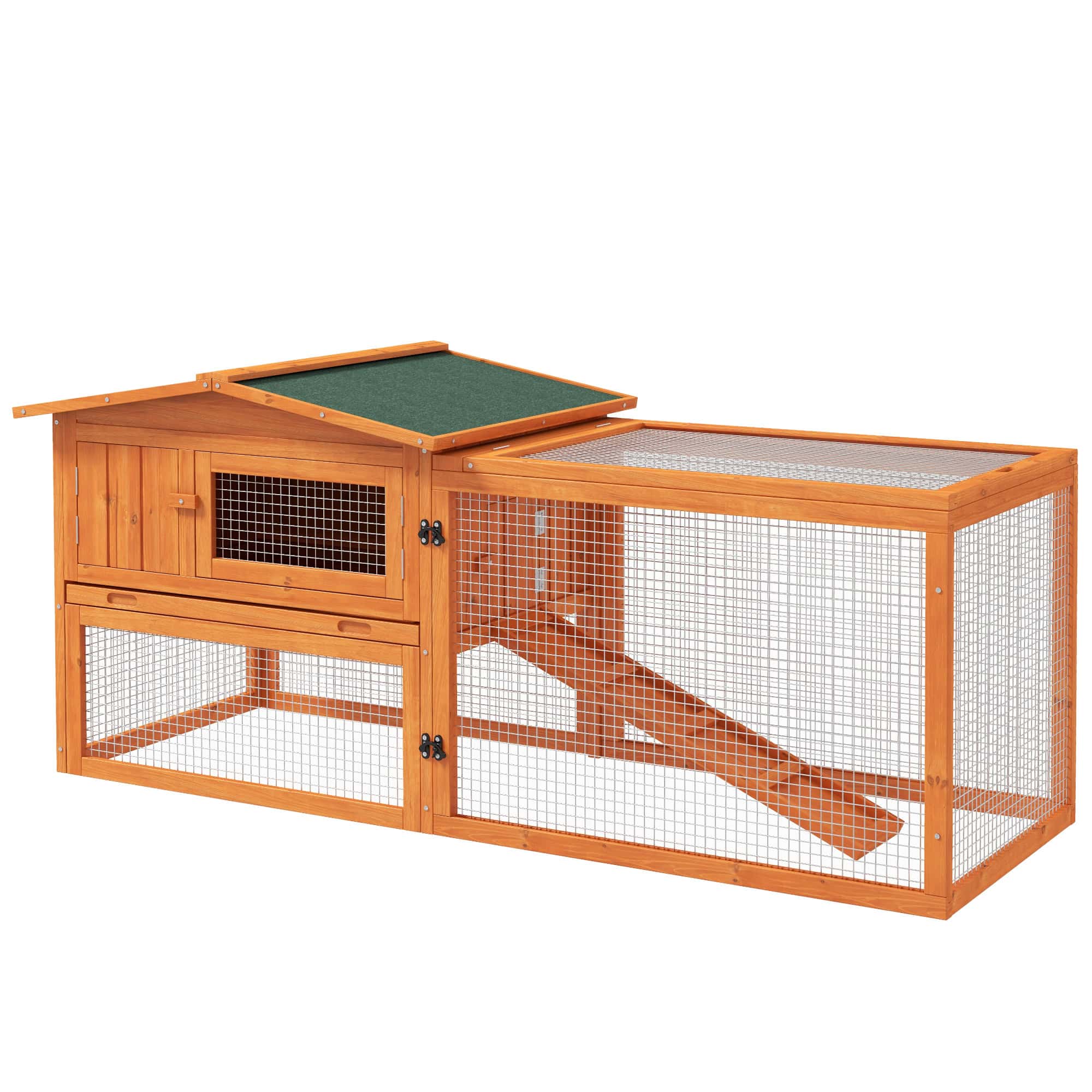 Wooden Rabbit Hutch Guinea Pig House with Removable Tray, Openable Roof, Trough, Run for Tortoises and Ferrets, Orange
